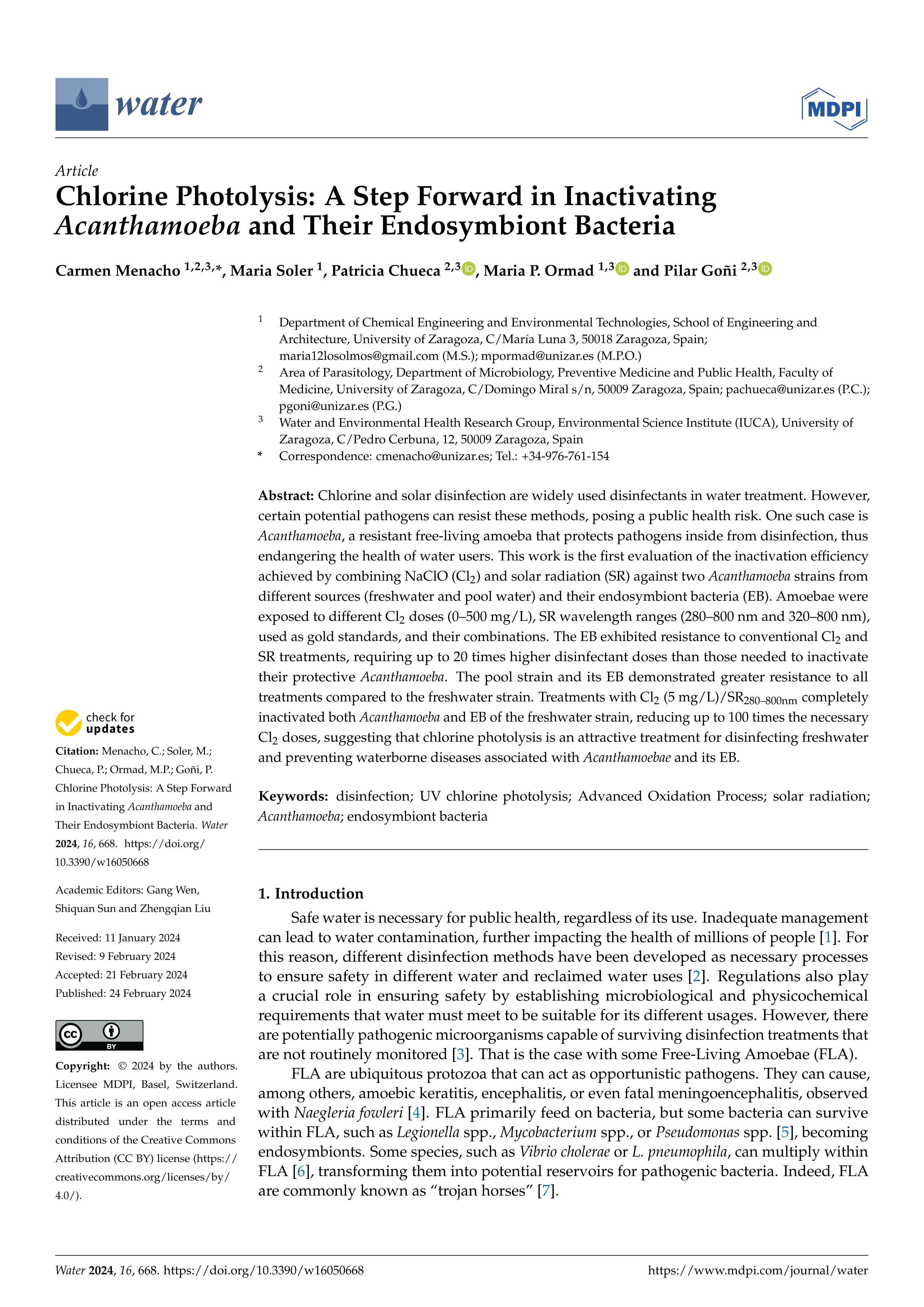 Chlorine Photolysis: A Step Forward in Inactivating Acanthamoeba and Their Endosymbiont Bacteria