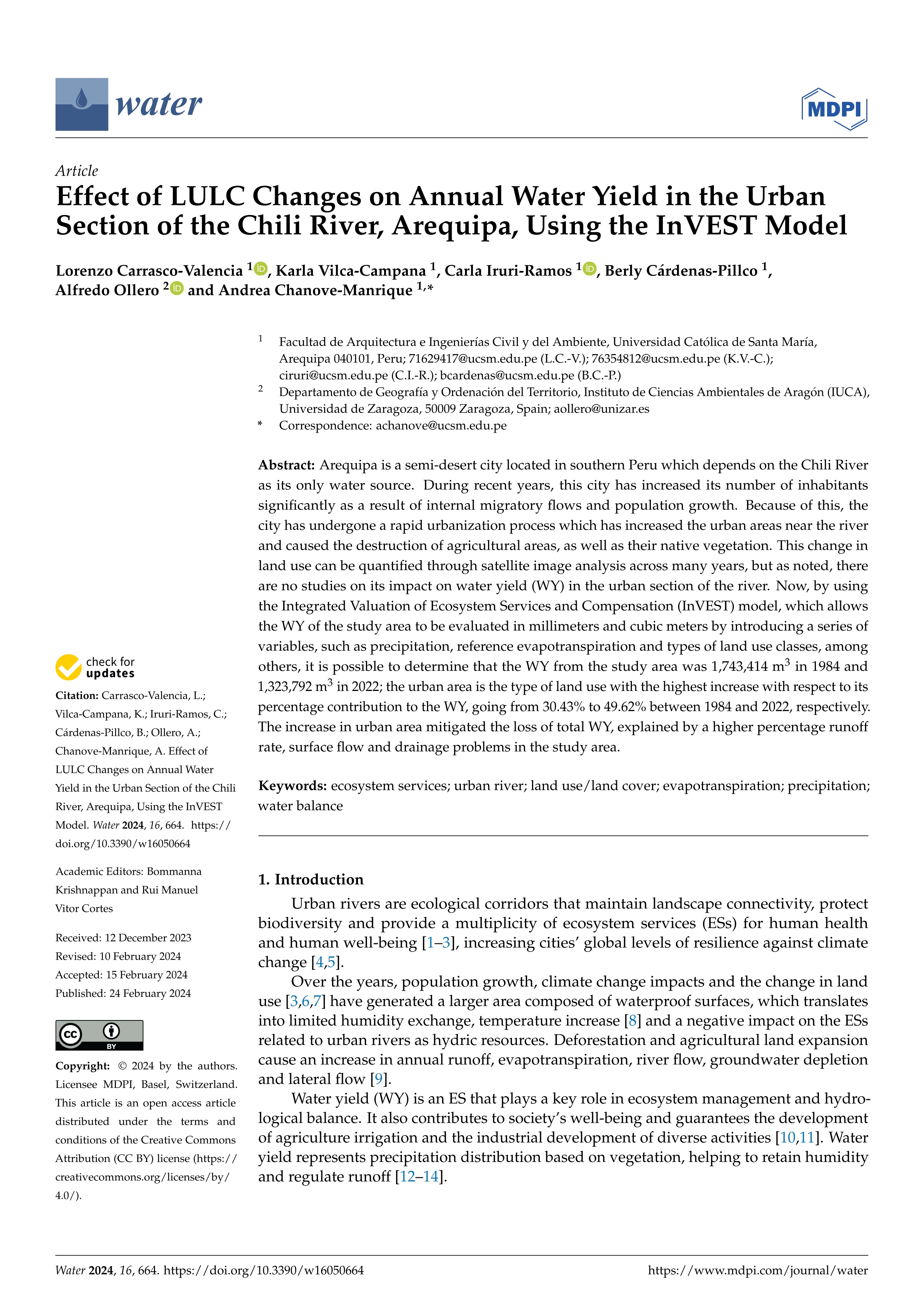 Effect of LULC Changes on Annual Water Yield in the Urban Section of the Chili River, Arequipa, Using the InVEST Model