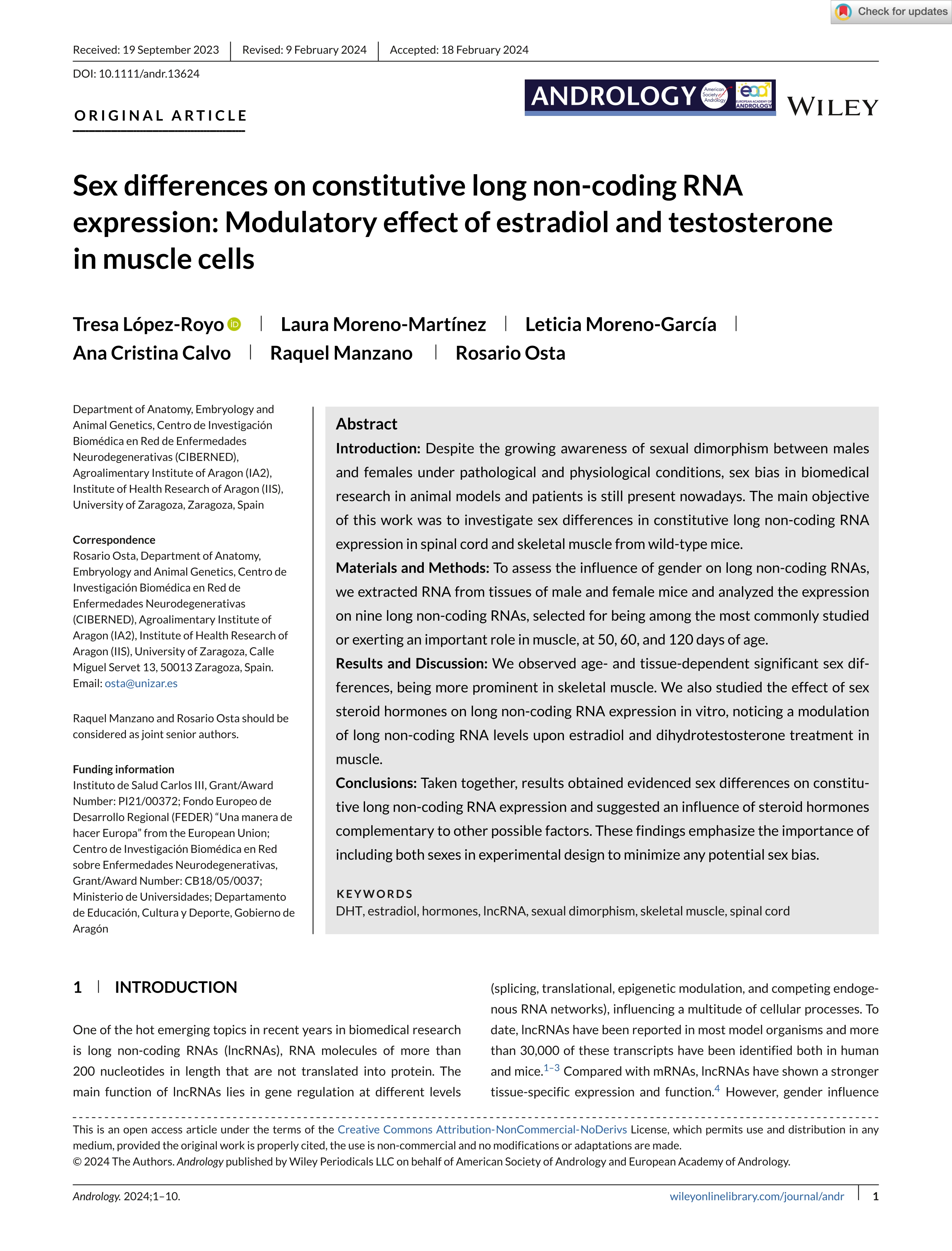 Sex differences on constitutive long non-coding RNA expression: Modulatory effect of estradiol and testosterone in muscle cells