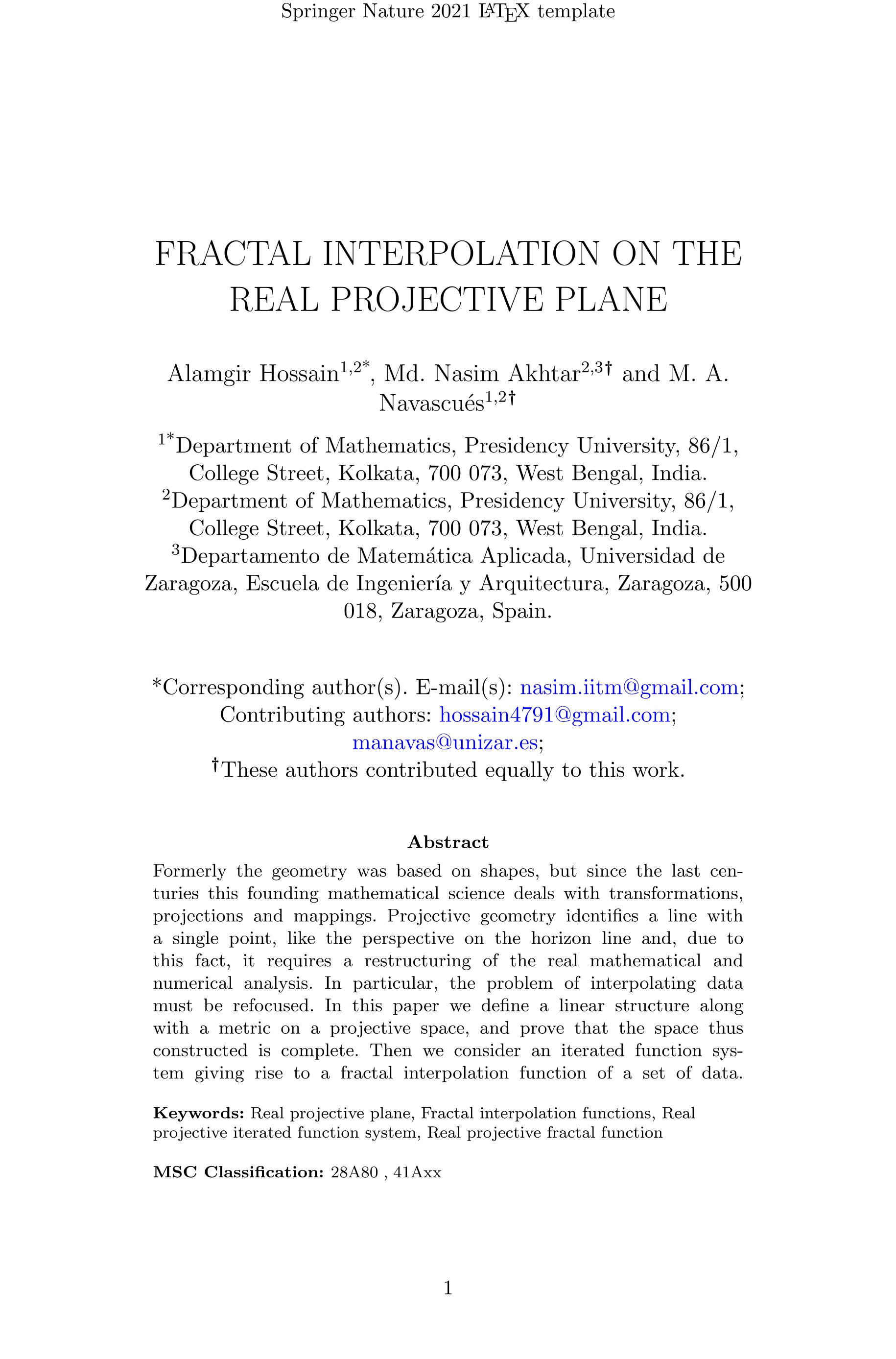 Fractal interpolation on the real projective plane