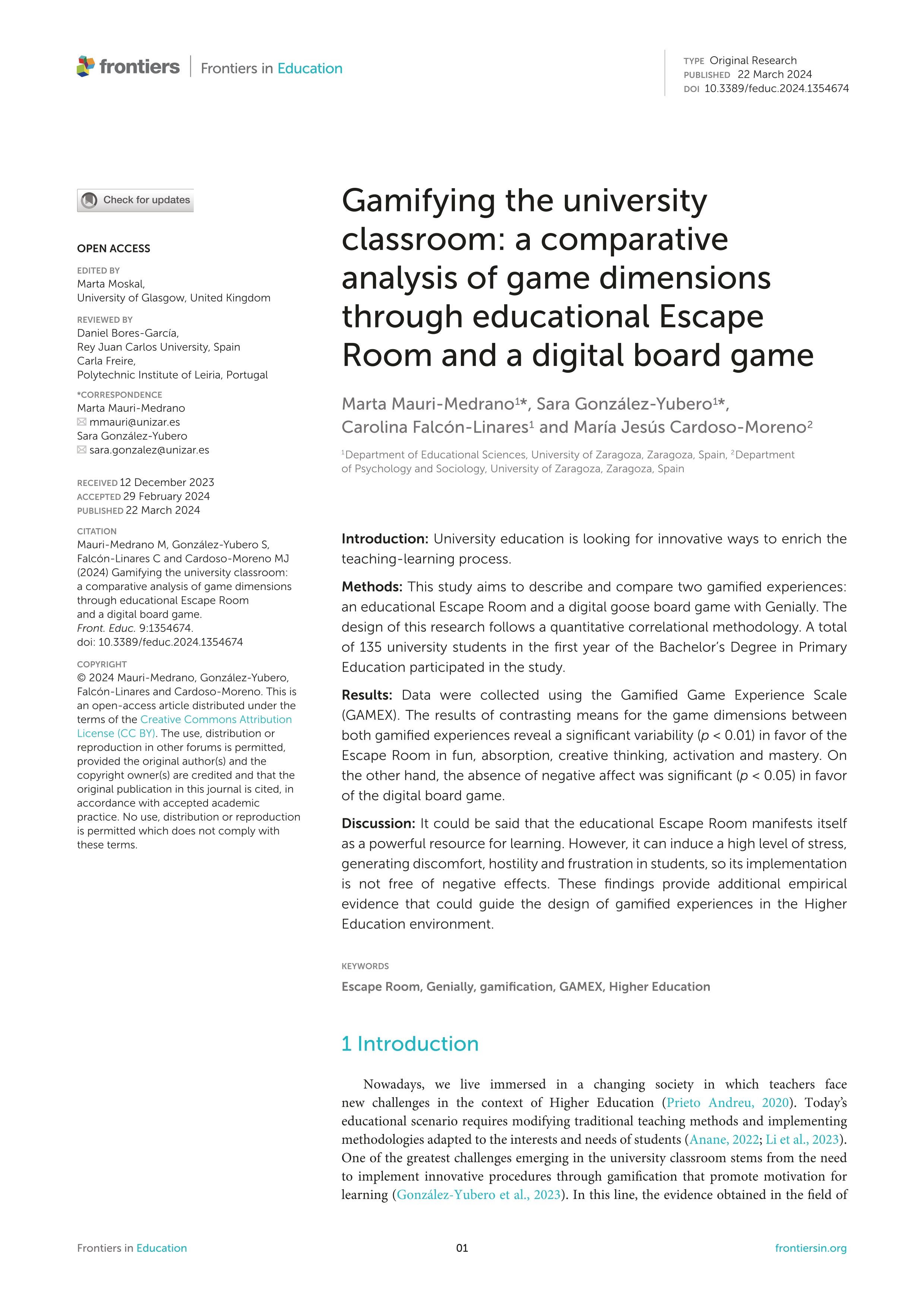 Gamifying the university classroom: a comparative analysis of game dimensions through educational Escape Room and a digital board game
