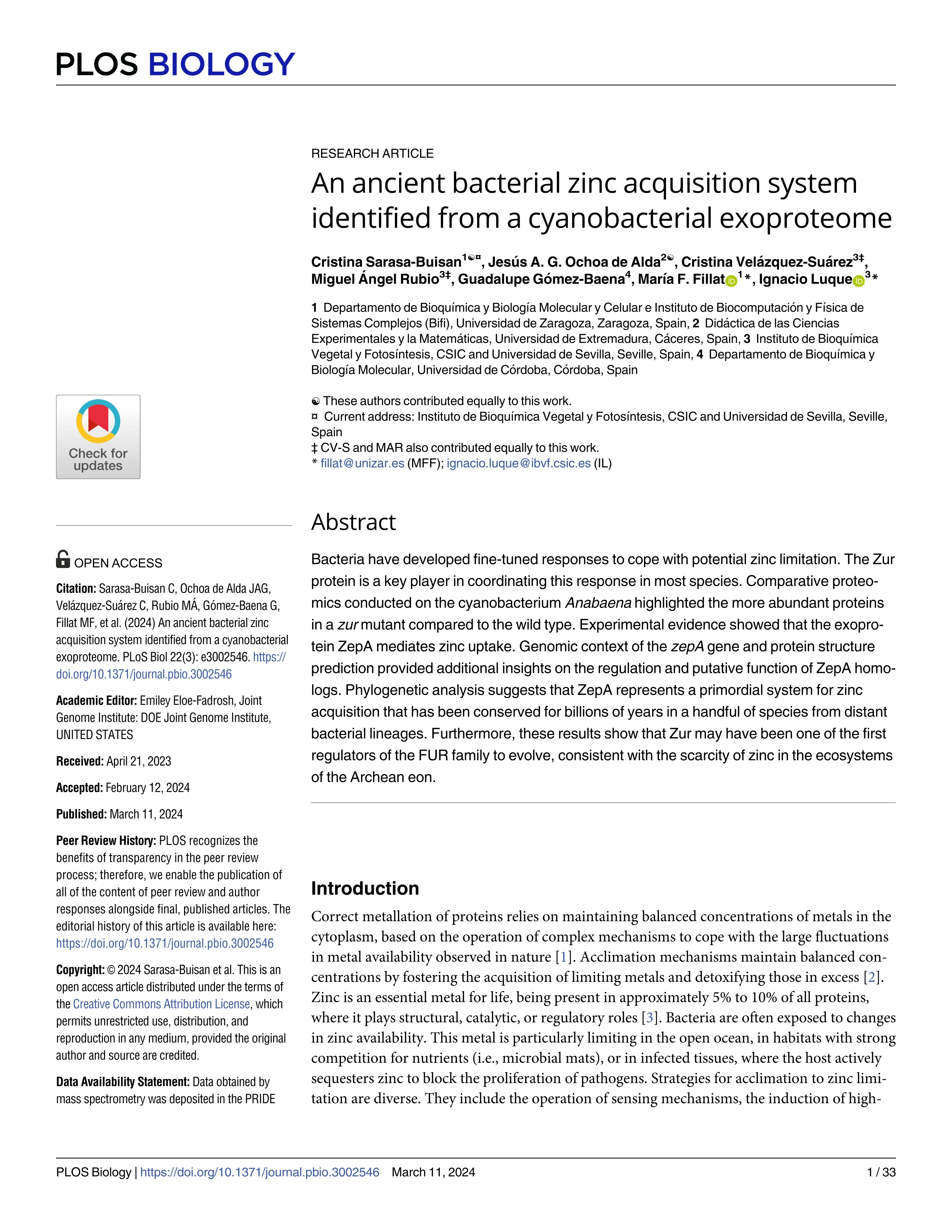 An ancient bacterial zinc acquisition system identified from a cyanobacterial exoproteome
