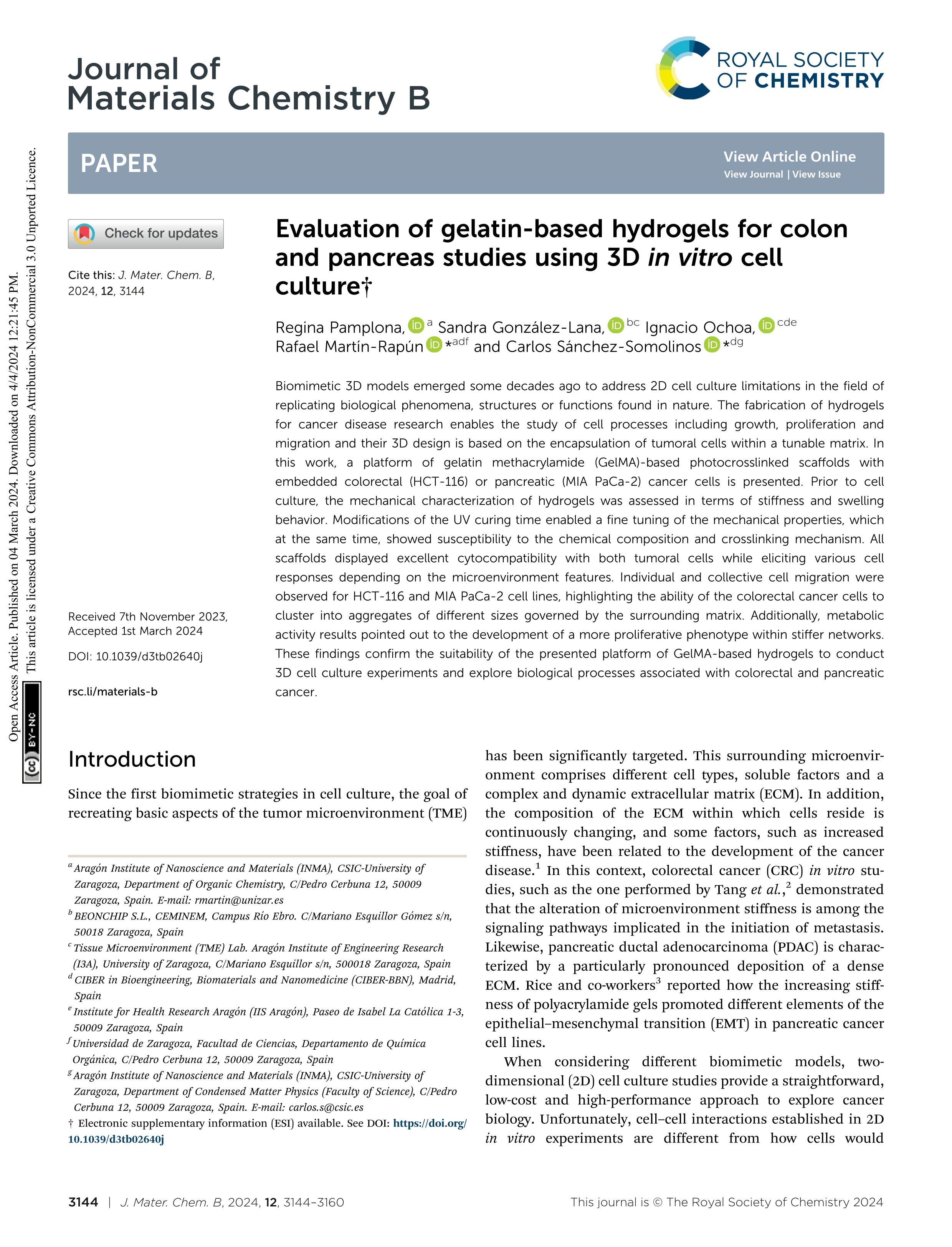 Evaluation of gelatin-based hydrogels for colon and pancreas studies using 3D in vitro cell culture