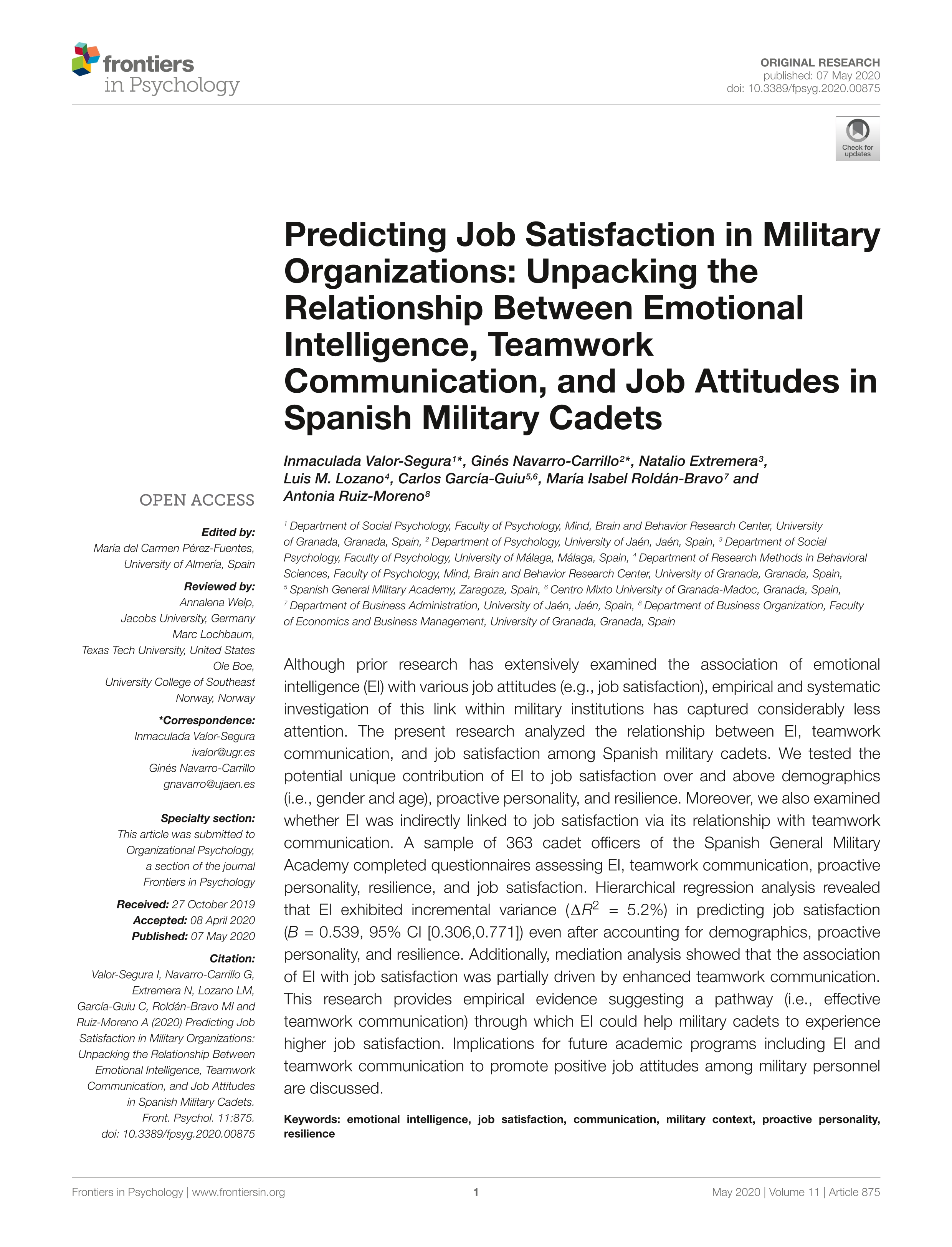 Predicting job satisfaction in military organizations: unpacking the relationship between emotional intelligence, teamwork communication, and job attitudes in Spanish military cadets