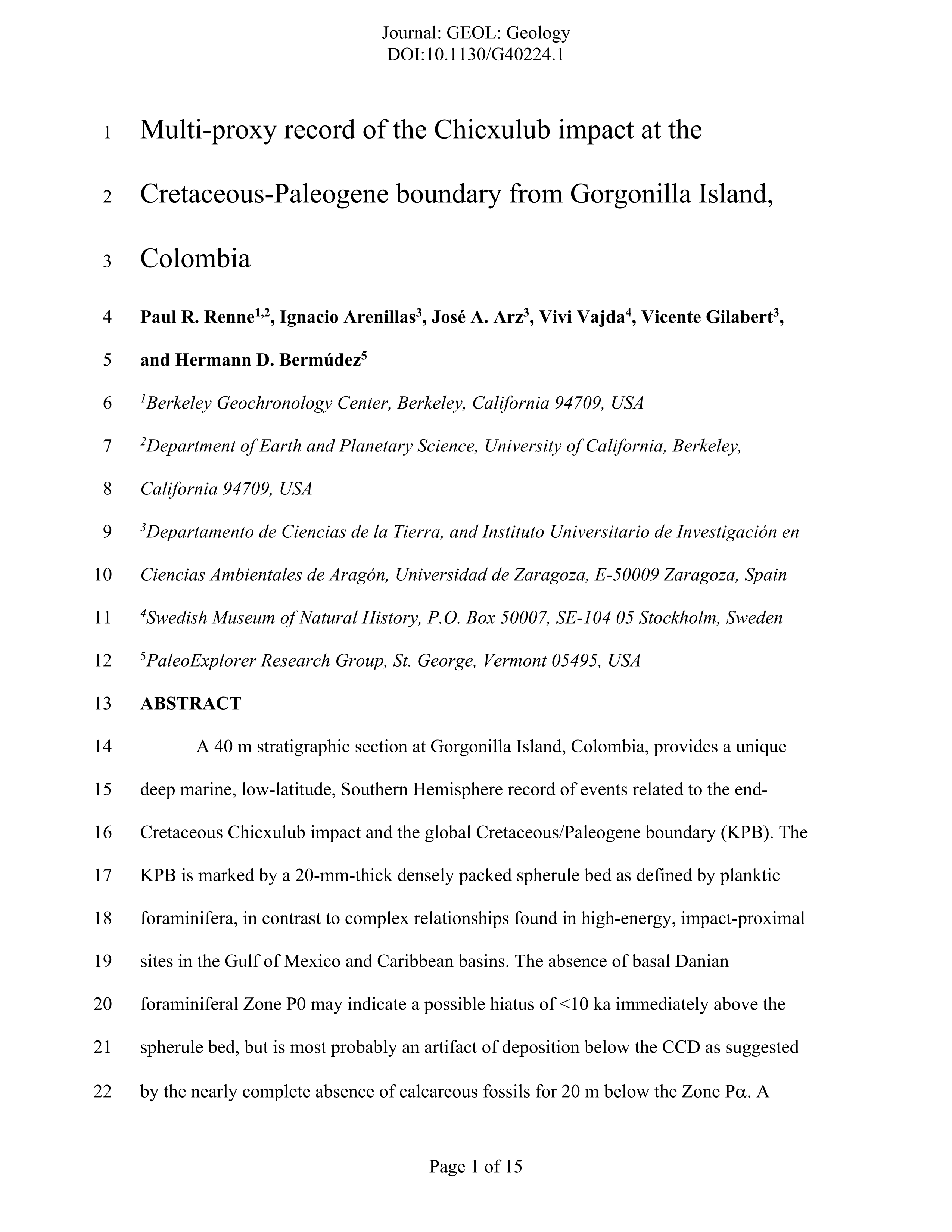 Multi-proxy record of the Chicxulub impact at the Cretaceous-Paleogene boundary from Gorgonilla Island, Colombia