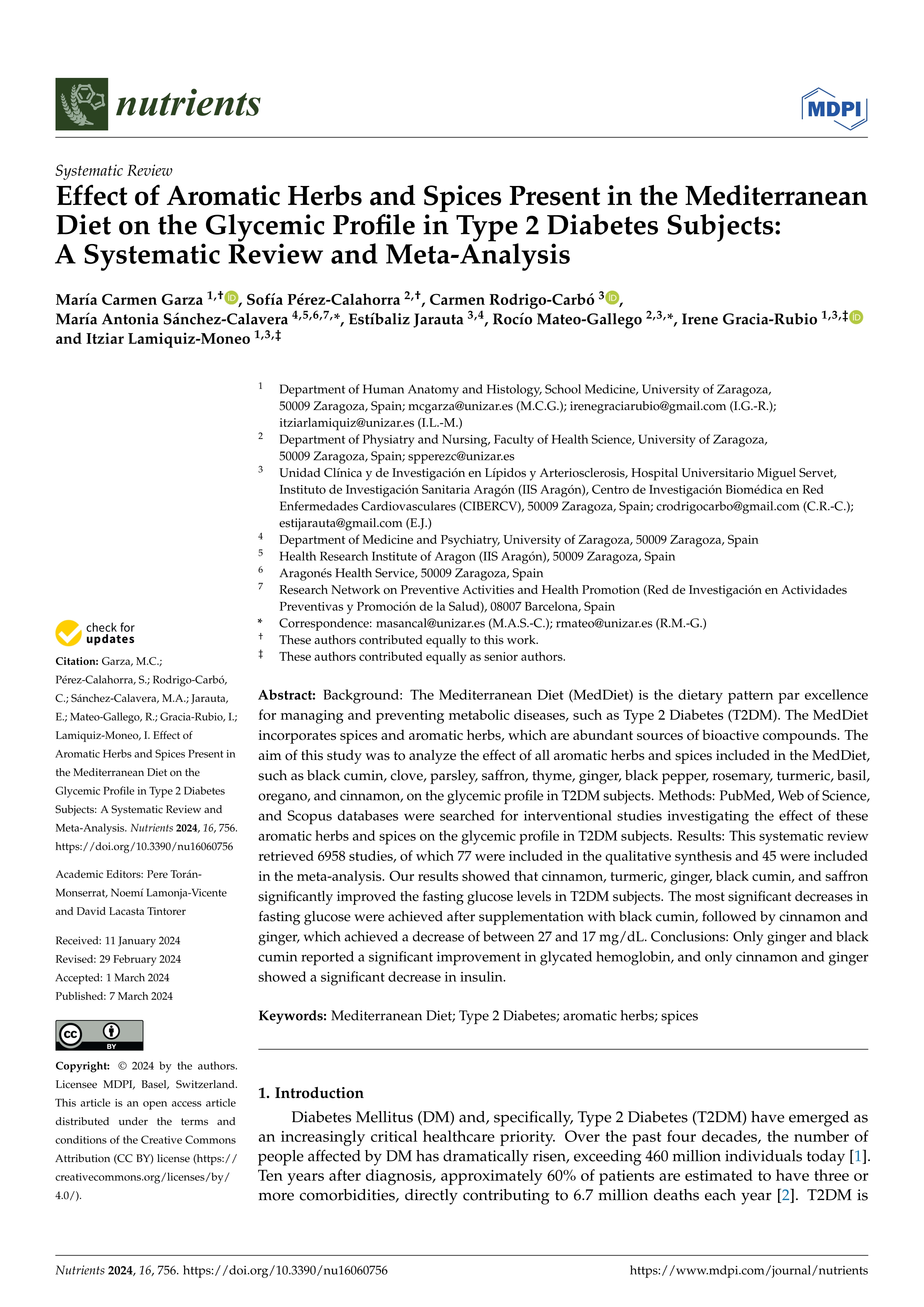 Effect of aromatic herbs and spices present in the Mediterranean diet on the glycemic profile in type 2 diabetes subjects: A systematic review and meta-analysis