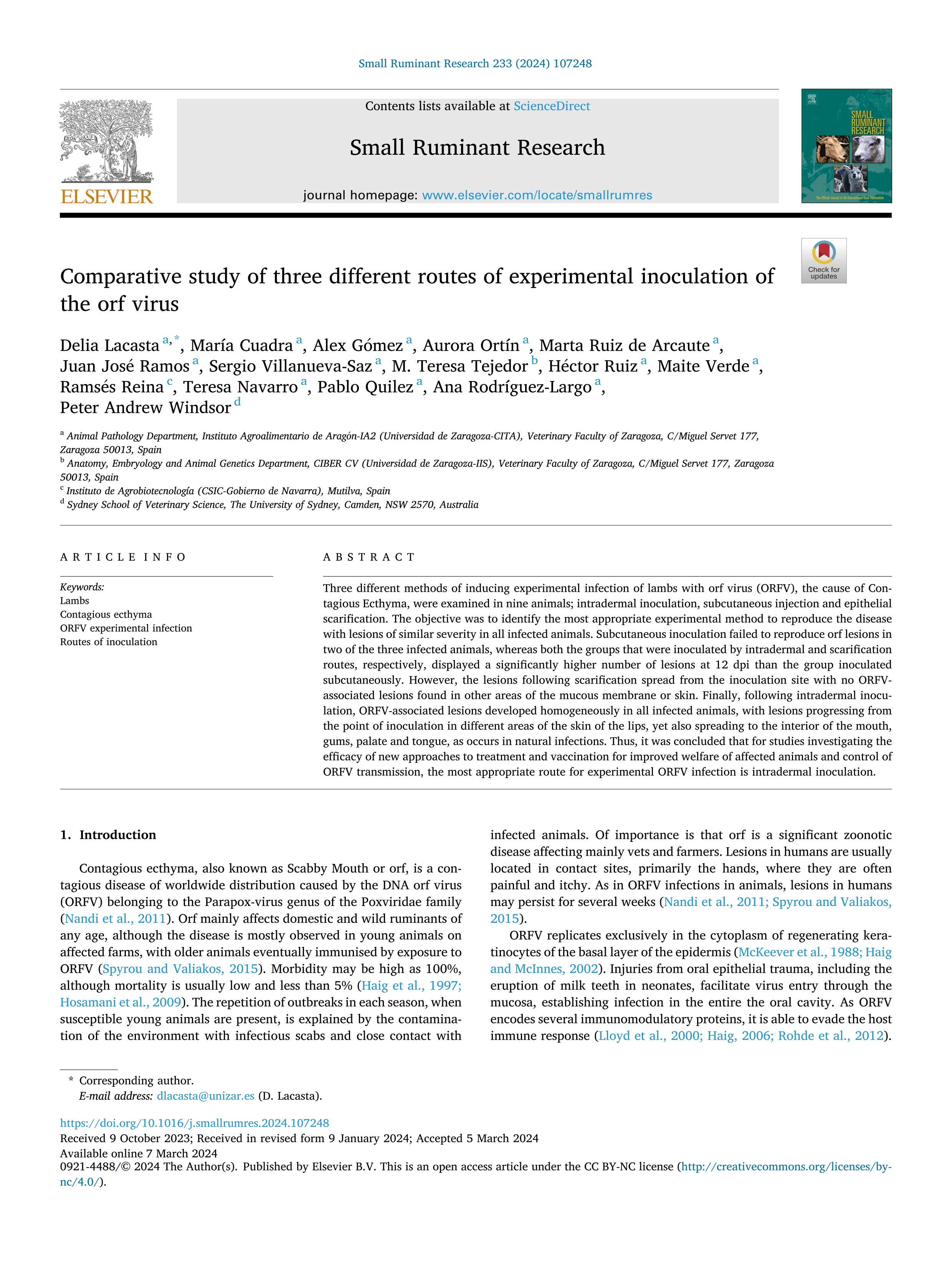 Comparative study of three different routes of experimental inoculation of the orf virus