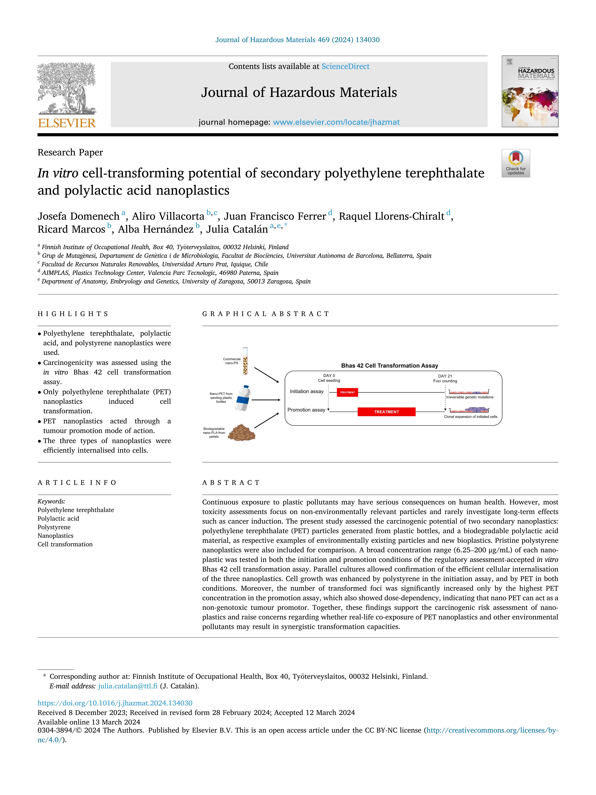 In vitro cell-transforming potential of secondary polyethylene terephthalate and polylactic acid nanoplastics