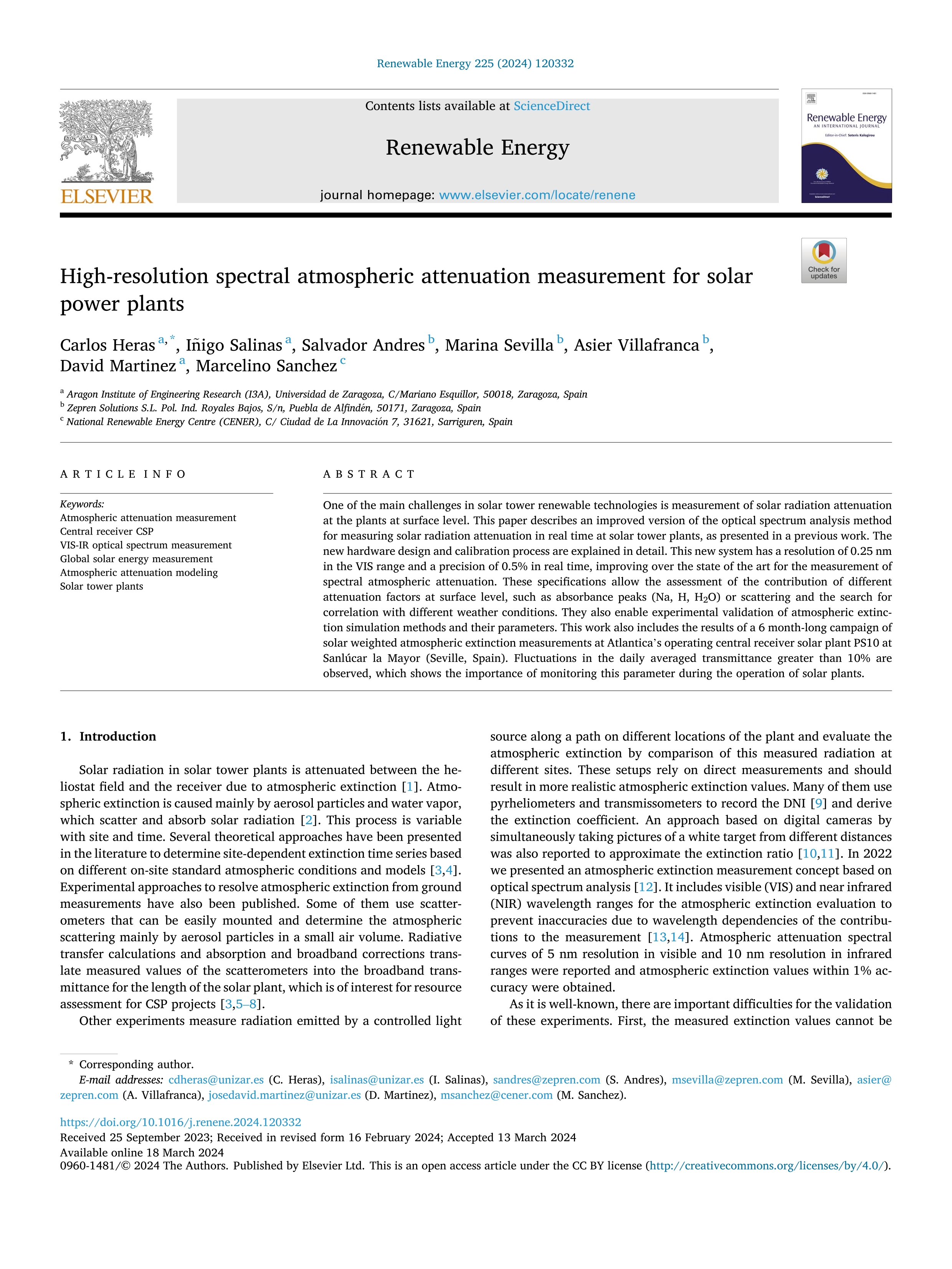 High-resolution spectral atmospheric attenuation measurement for solar power plants