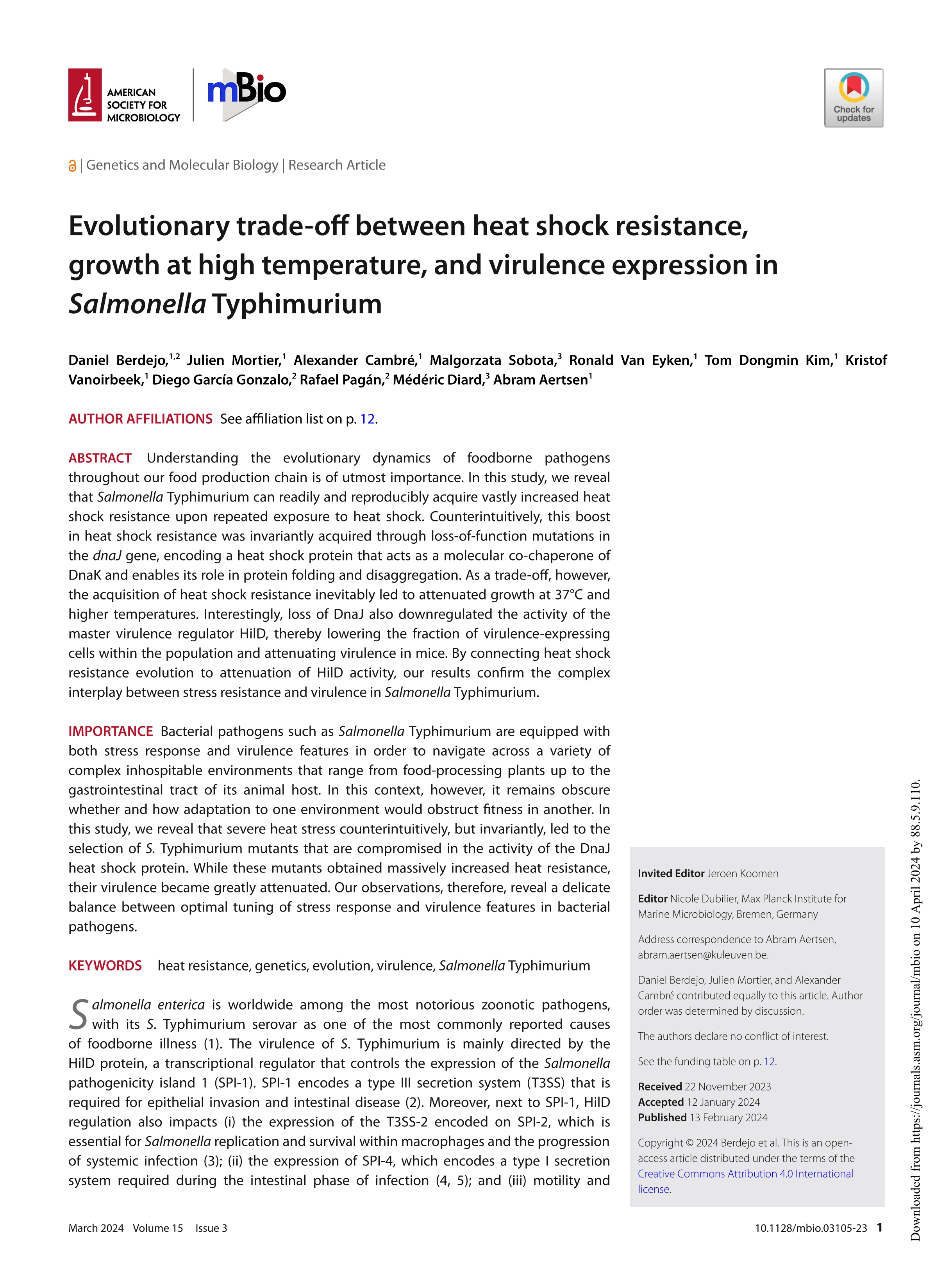 Evolutionary trade-off between heat shock resistance, growth at high temperature, and virulence expression in Salmonella Typhimurium