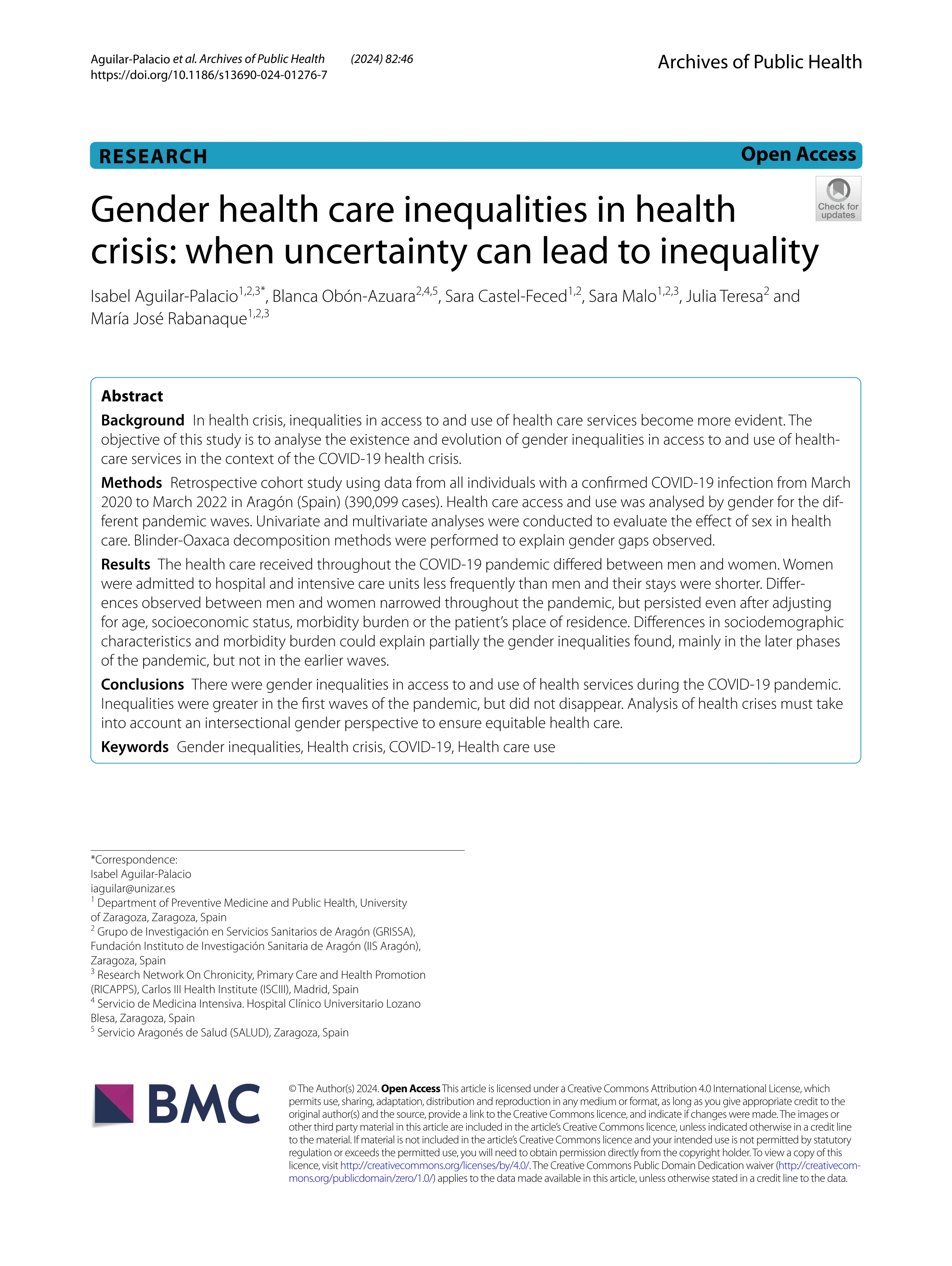 Gender health care inequalities in health crisis: when uncertainty can lead to inequality