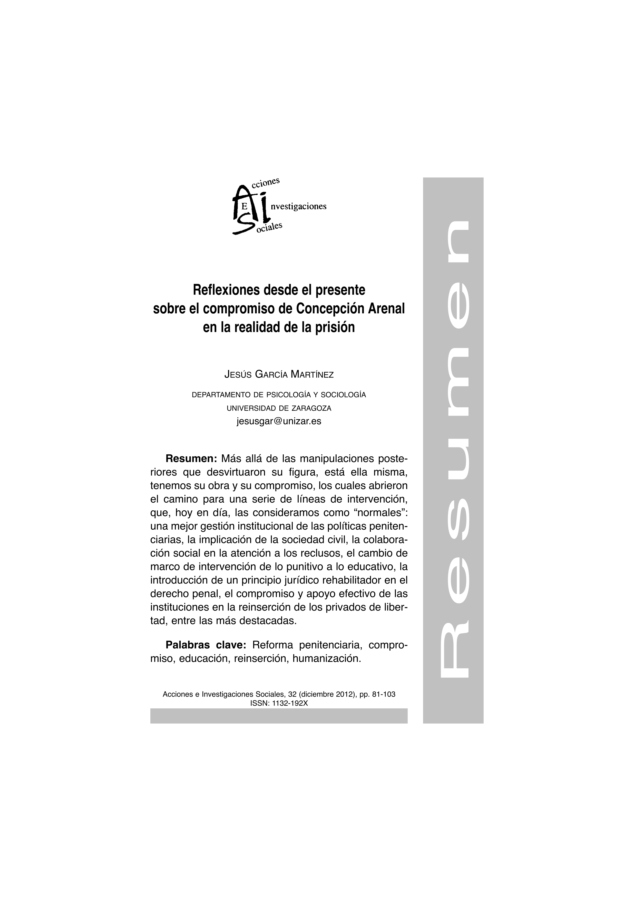 Reflexiones desde el presente sobre el copromiso de Concepción Arenal en la realidad de la prisión