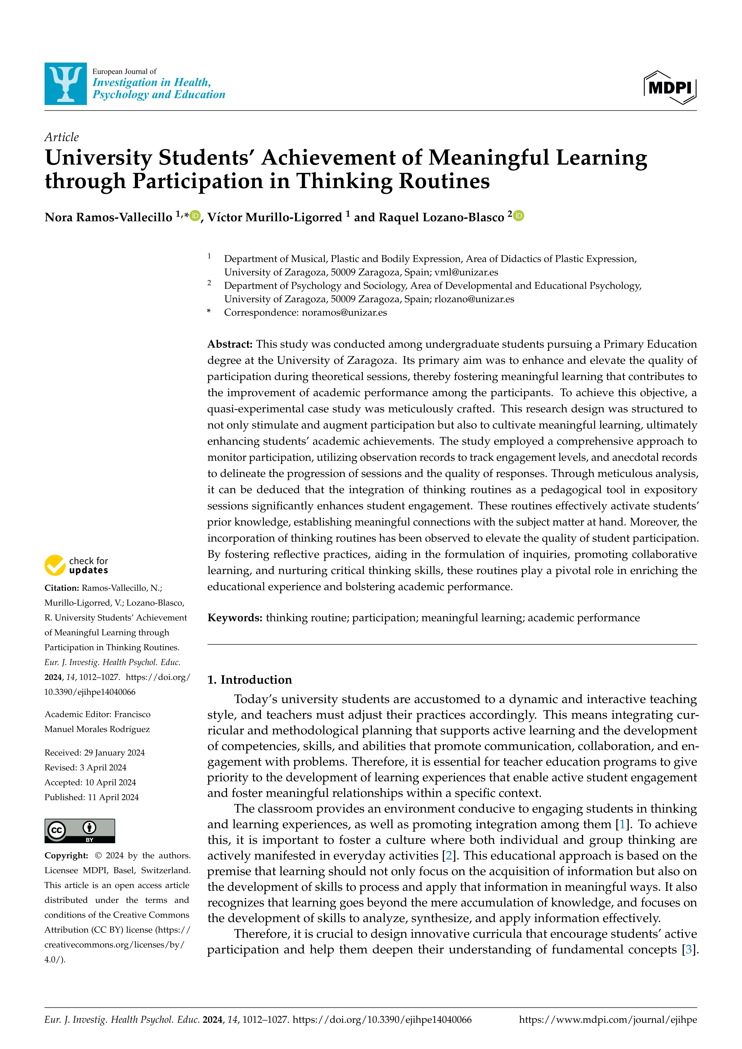 University students’ achievement of meaningful learning through participation in thinking routines