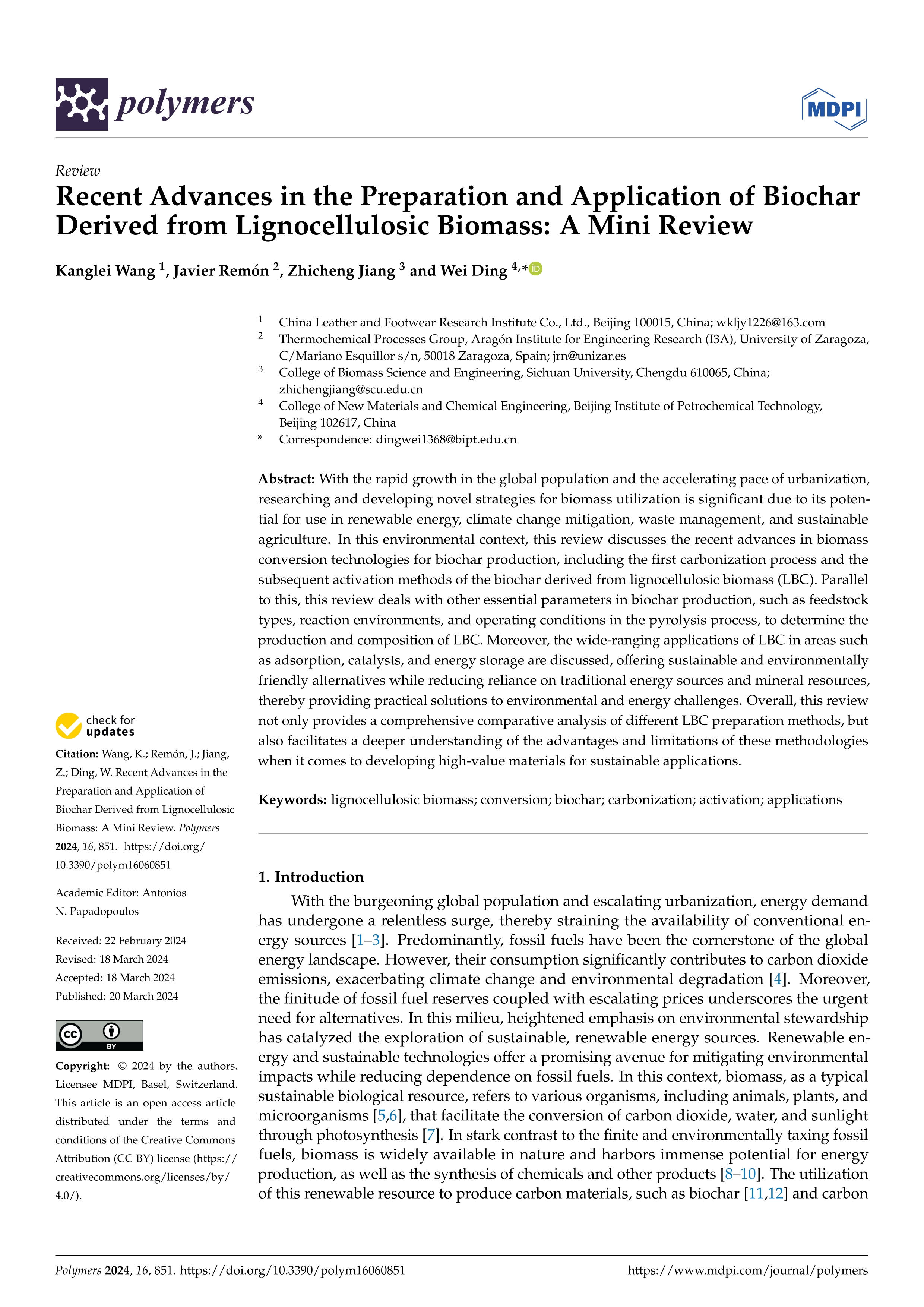 Recent advances in the preparation and application of biochar derived from lignocellulosic biomass: A mini review