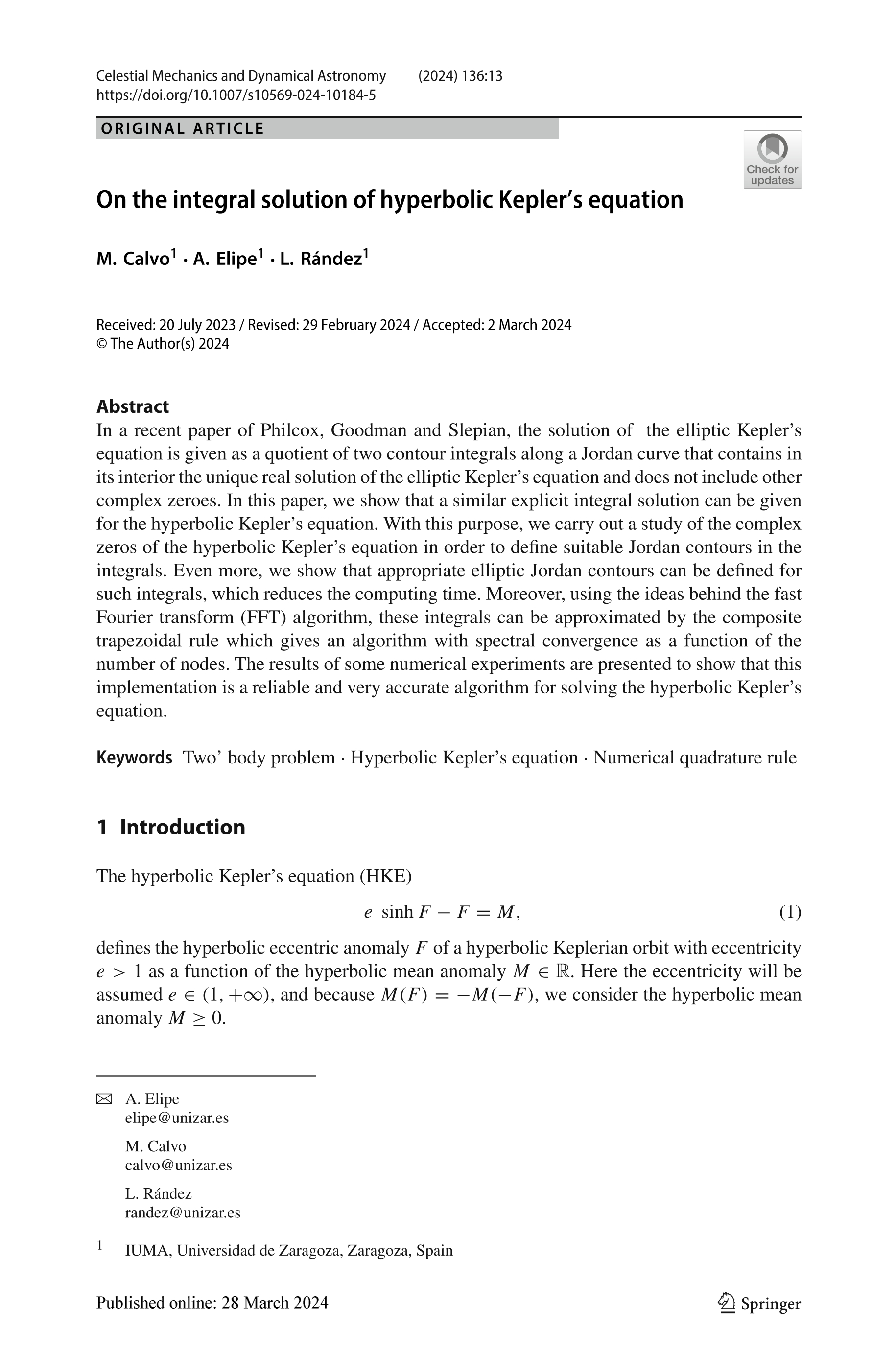 On the integral solution of hyperbolic Kepler’s equation
