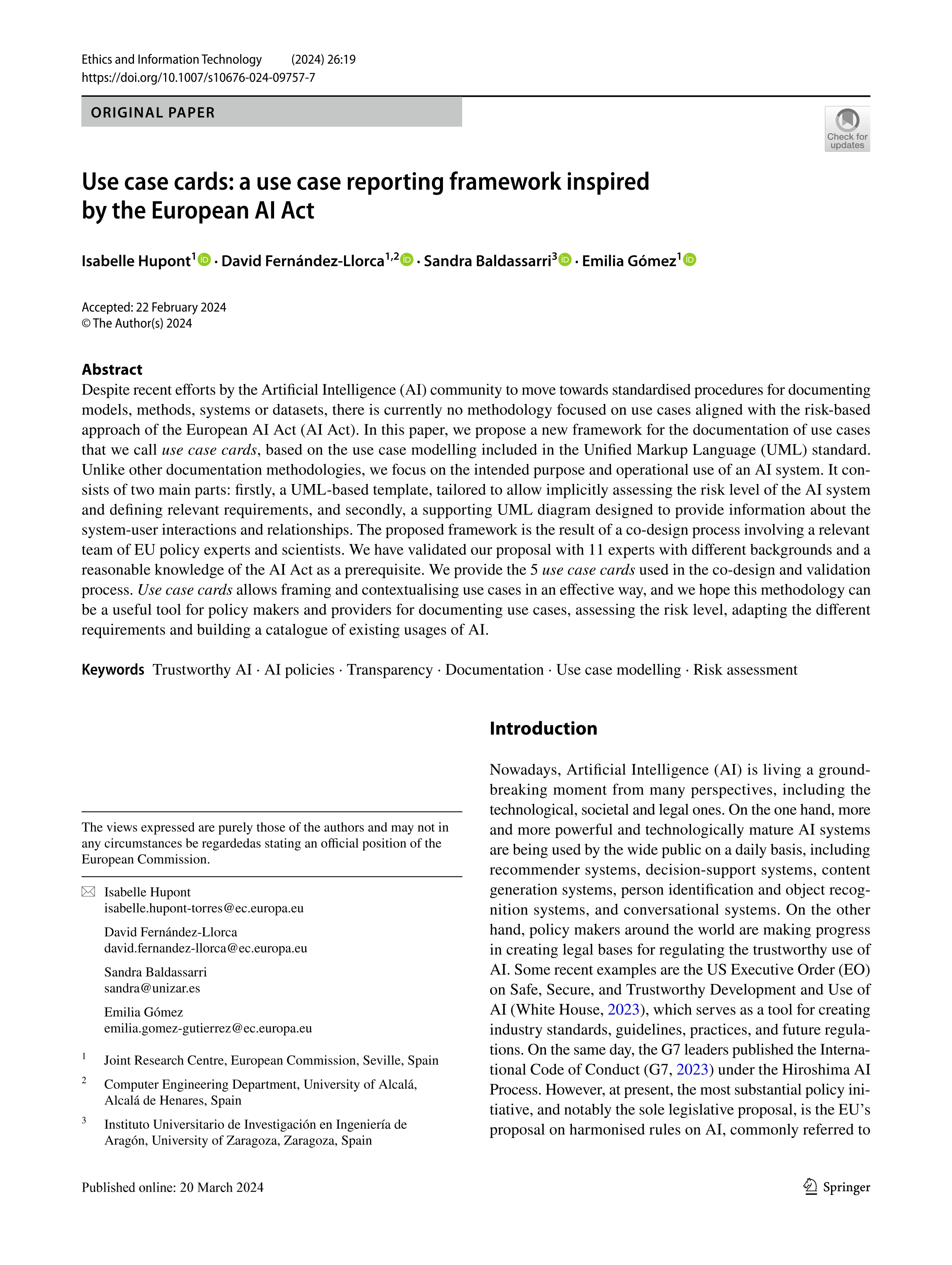 Use case cards: a use case reporting framework inspired by the European AI Act