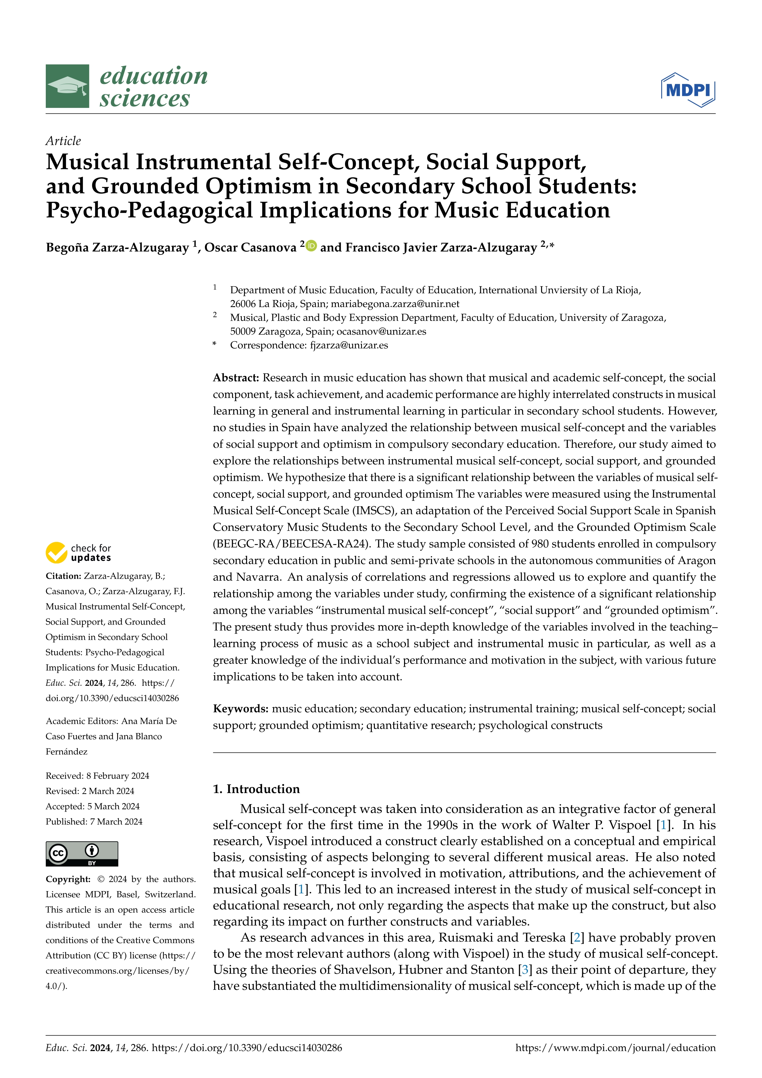 Musical Instrumental Self-Concept, Social Support, and Grounded Optimism in Secondary School Students: Psycho-Pedagogical Implications for Music Education