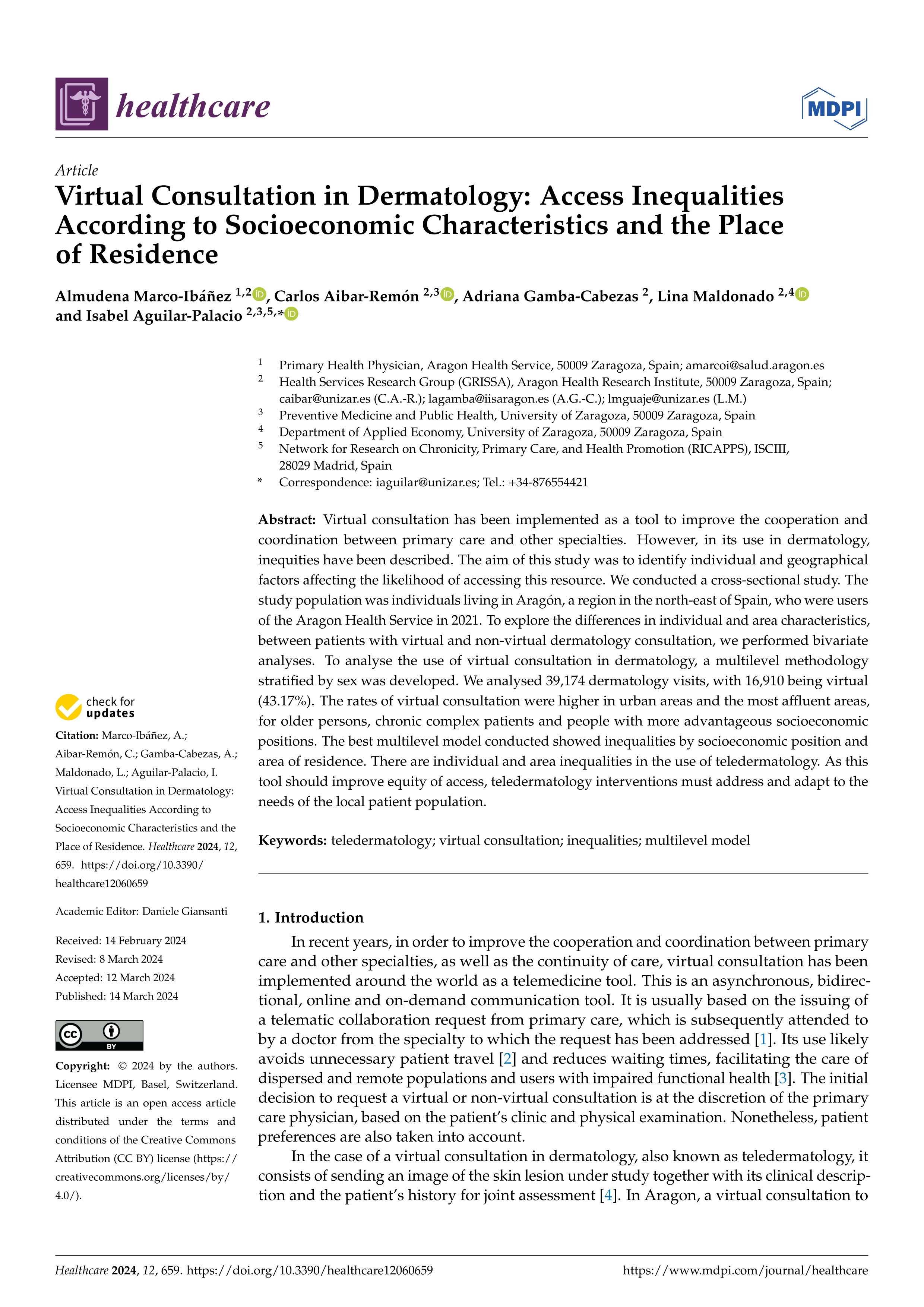 Virtual consultation in Dermatology: access inequalities according to socioeconomic characteristics and the place of residence