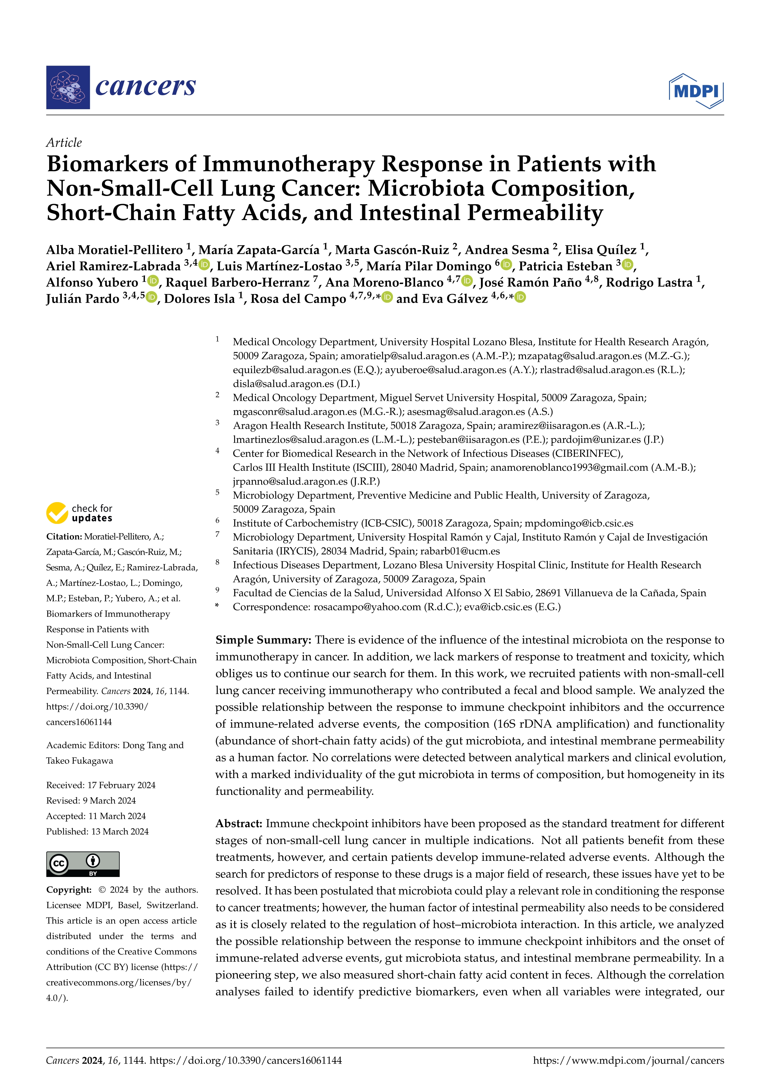 Biomarkers of immunotherapy response in patients with non-small-cell lung cancer: microbiota composition, short-chain fatty acids, and intestinal permeability