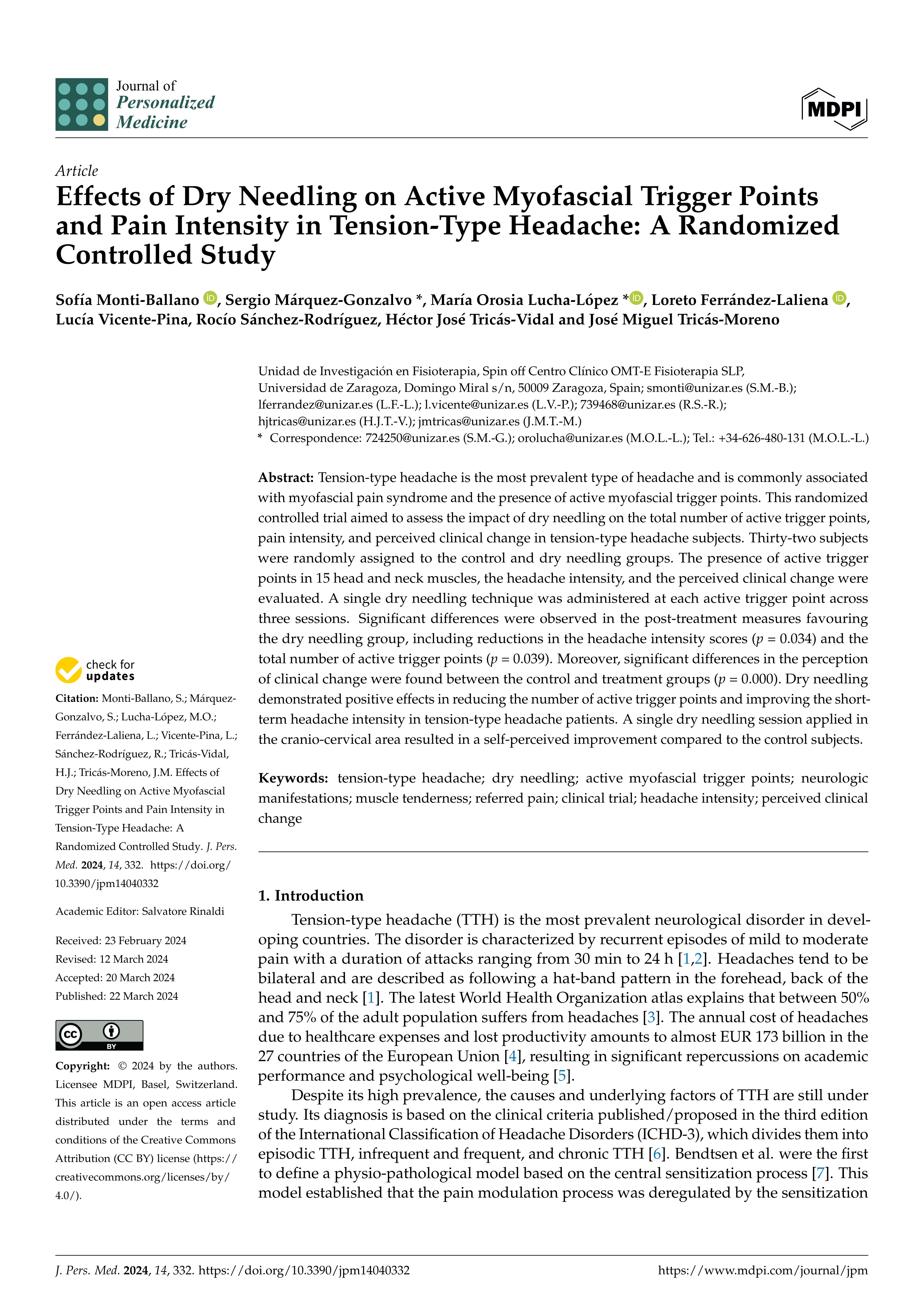 Effects of Dry Needling on Active Myofascial Trigger Points and Pain Intensity in Tension-Type Headache: A Randomized Controlled Study