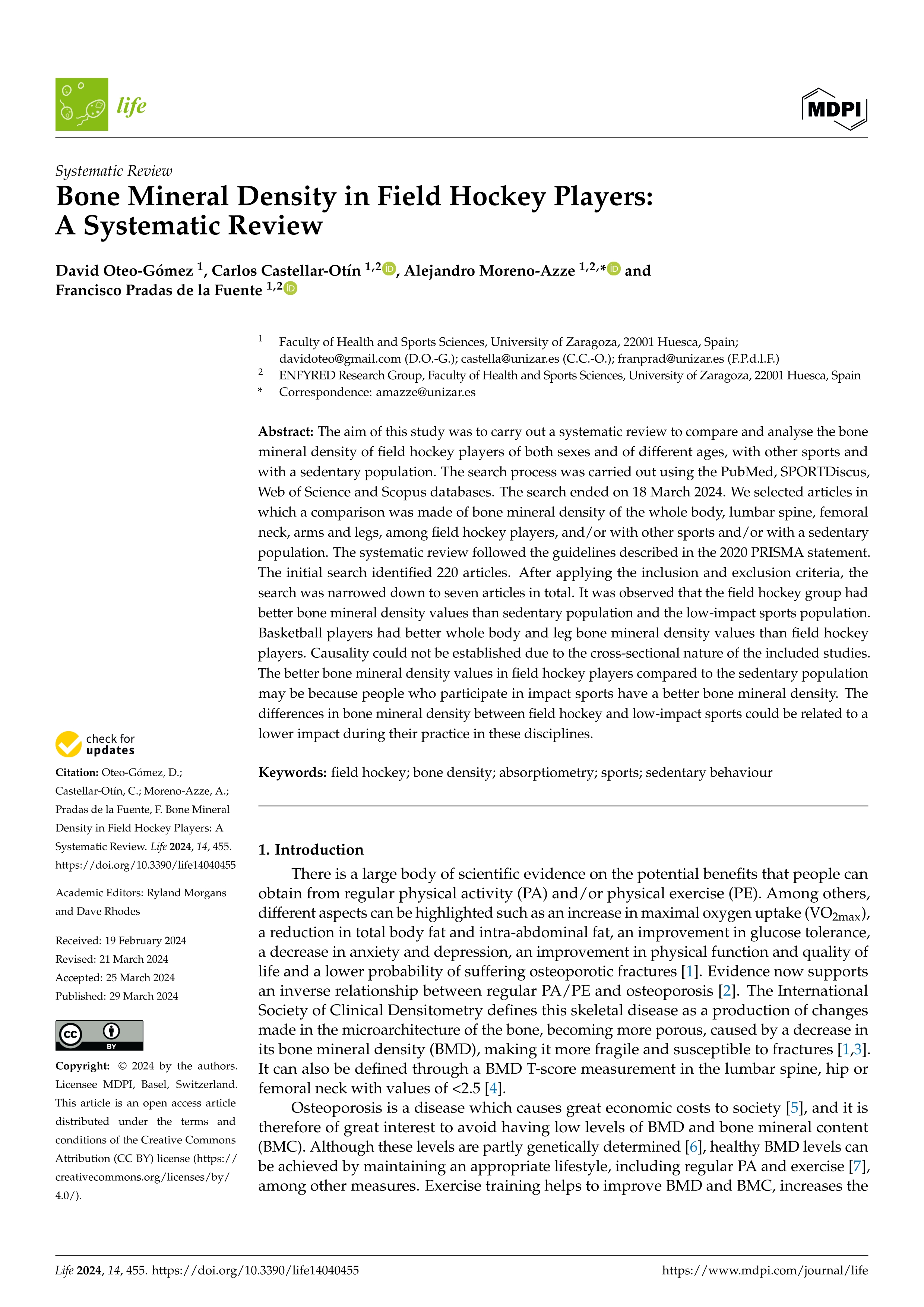 Bone Mineral Density in Field Hockey Players: A Systematic Review