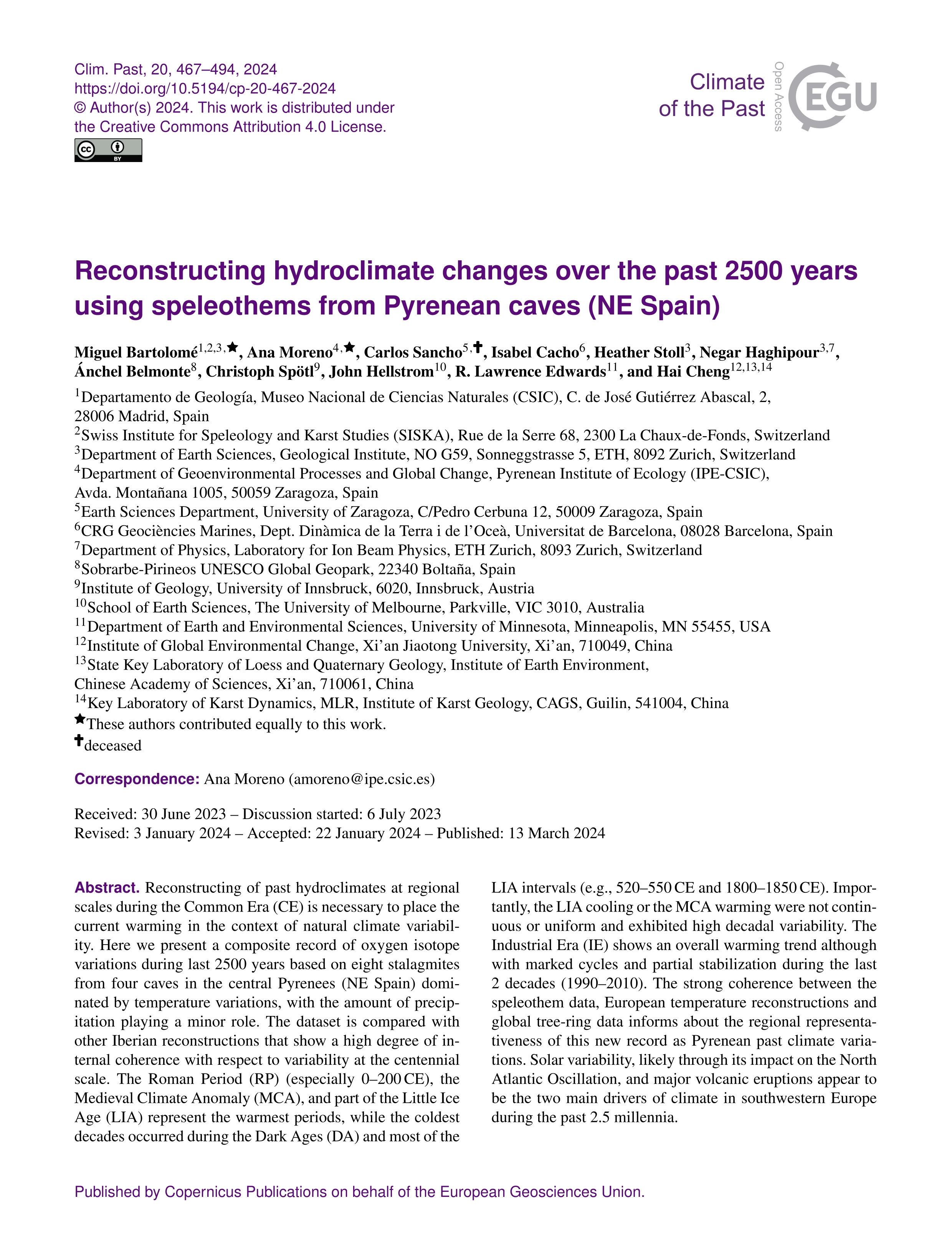 Reconstructing hydroclimate changes over the past 2500 years using speleothems from Pyrenean caves (NE Spain)