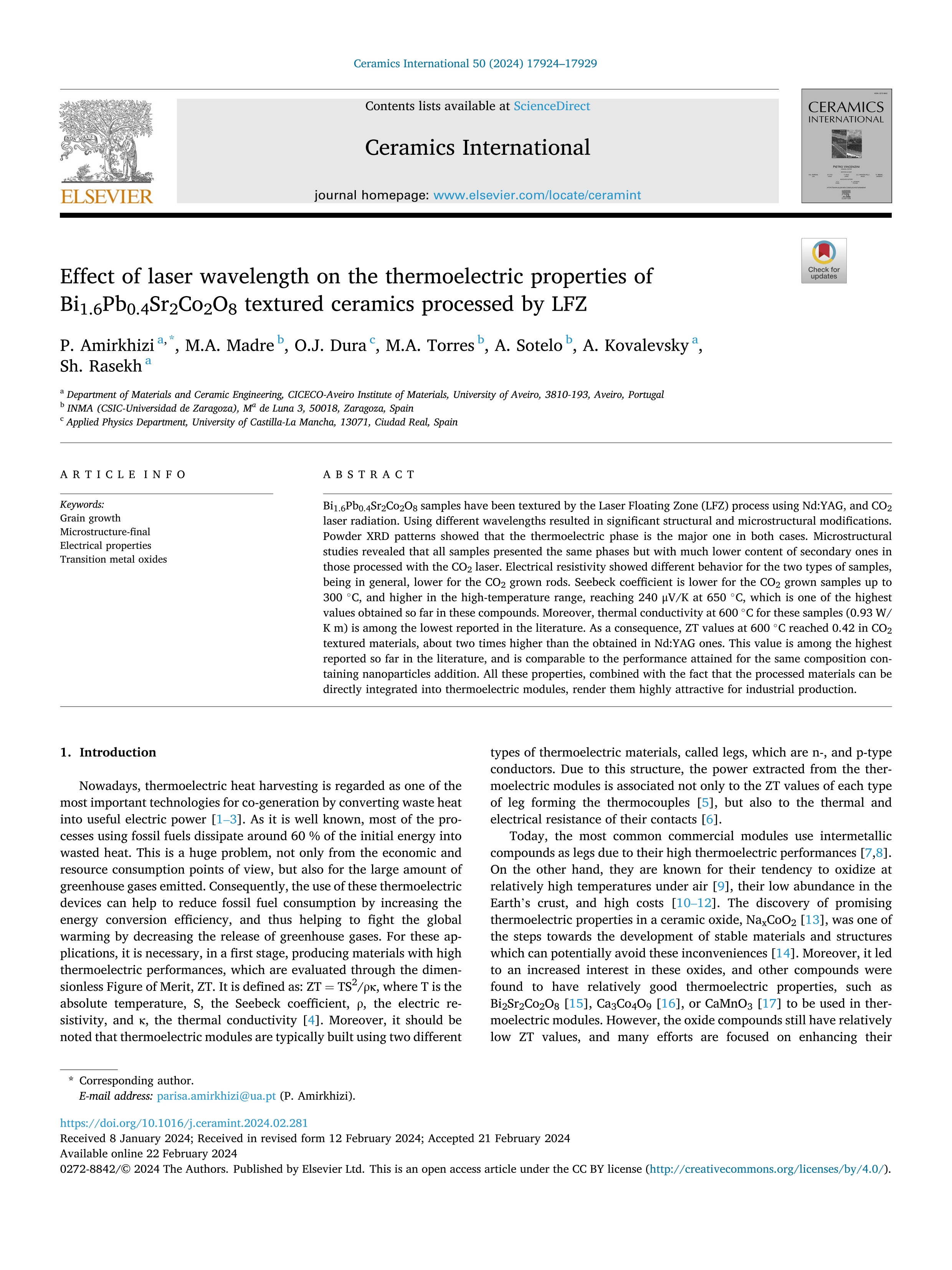 Effect of laser wavelength on the thermoelectric properties of Bi1.6Pb0.4Sr2Co2O8 textured ceramics processed by LFZ