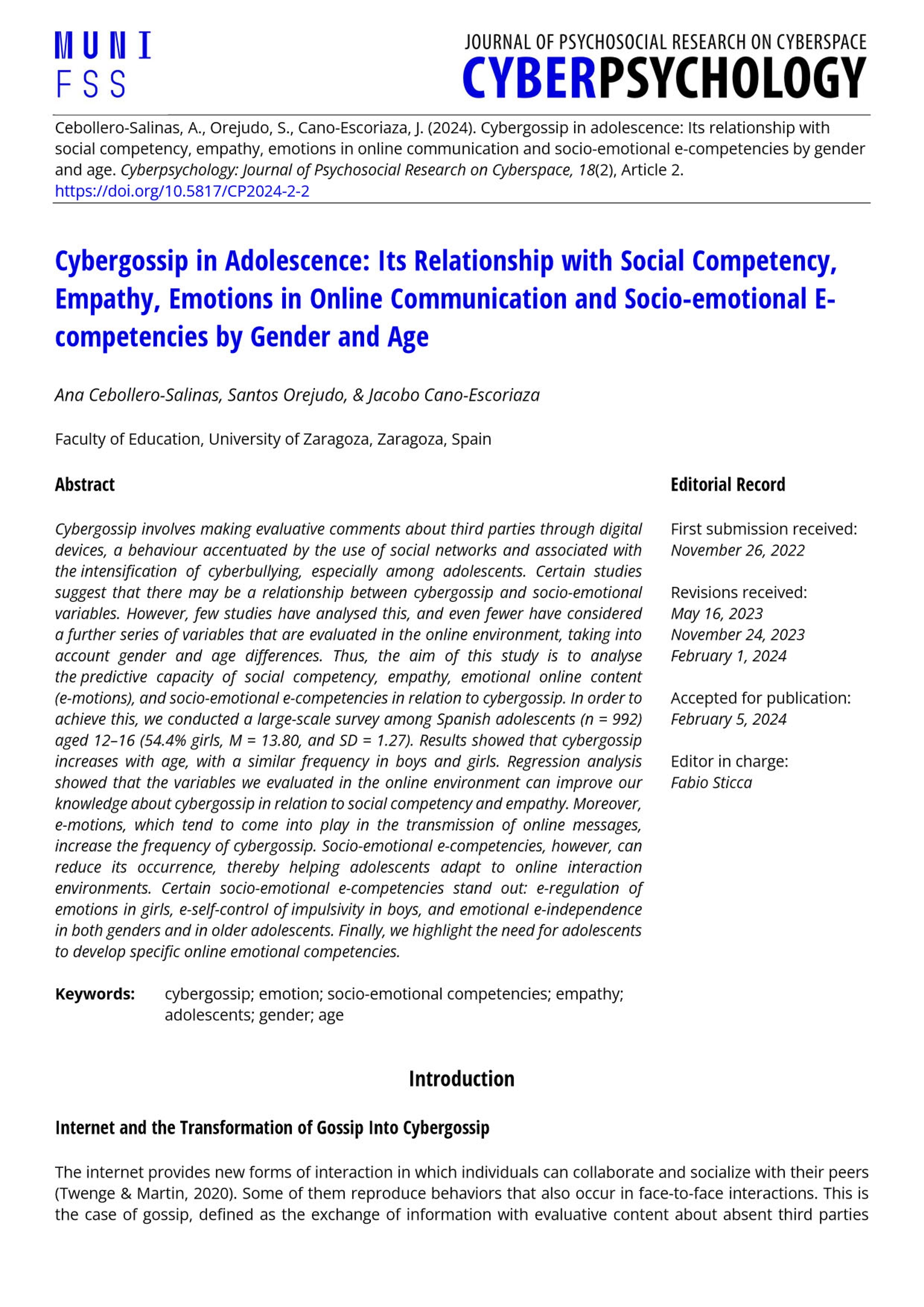 Cybergossip in adolescence: Its relationship with social competency, empathy, emotions in online communication and socio-emotional e-competencies by gender and age