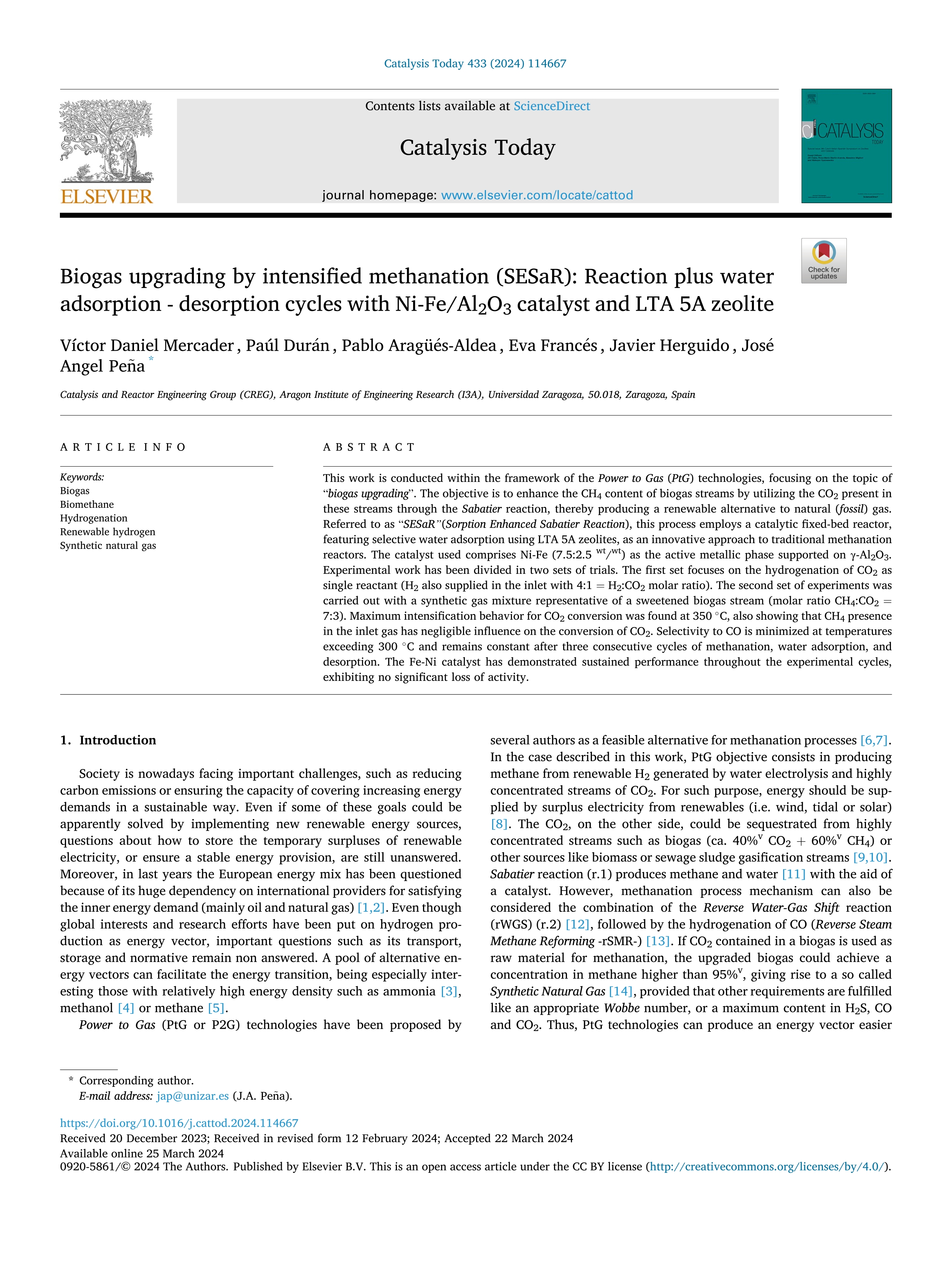 Biogas upgrading by intensified methanation (SESaR): Reaction plus water adsorption - desorption cycles with Ni-Fe/Al2O3 catalyst and LTA 5A zeolite