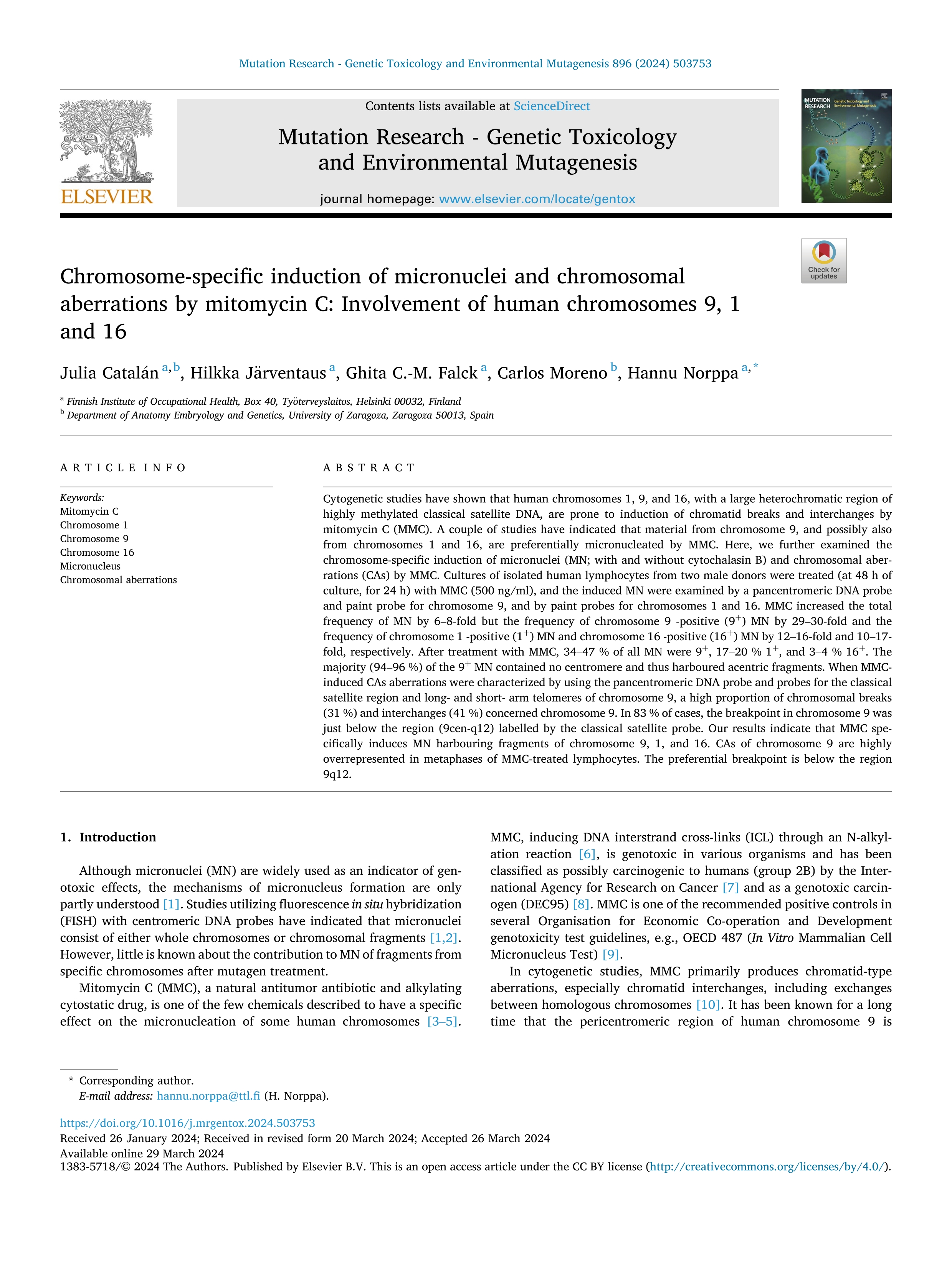 Chromosome-specific induction of micronuclei and chromosomal aberrations by mitomycin C: Involvement of human chromosomes 9, 1 and 16