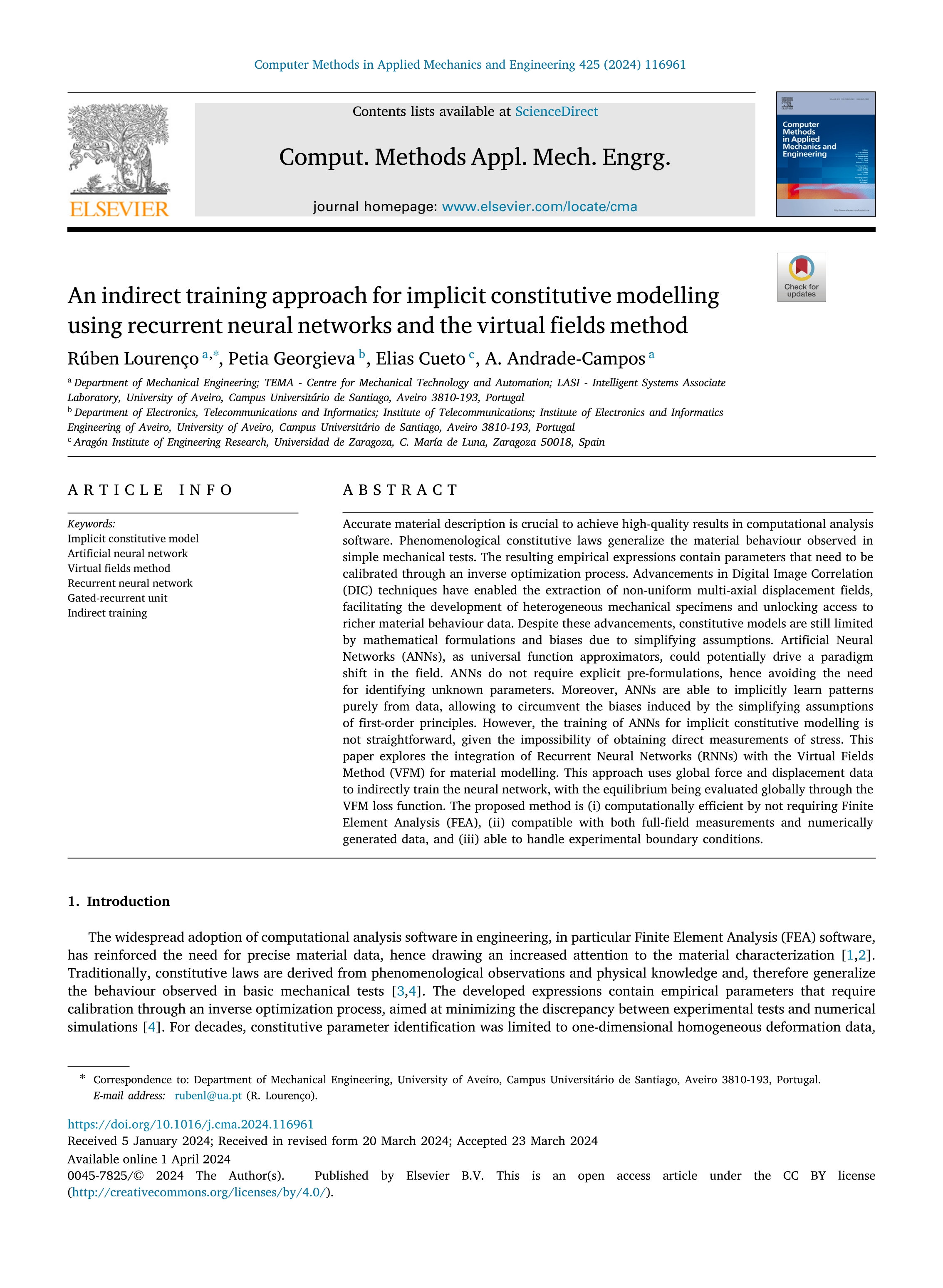 An indirect training approach for implicit constitutive modelling using recurrent neural networks and the virtual fields method