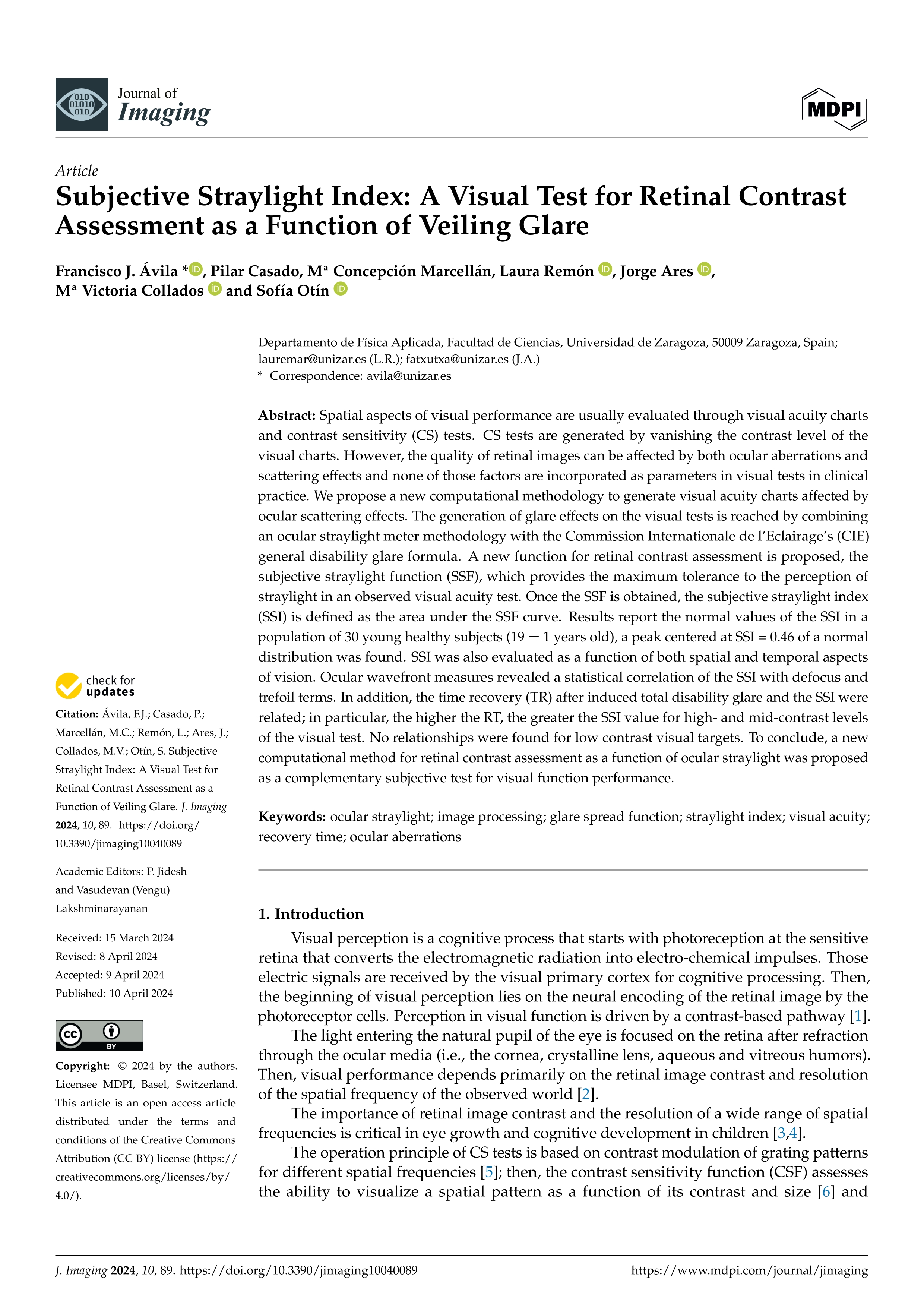 Subjective Straylight Index: A Visual Test for Retinal Contrast Assessment as a Function of Veiling Glare