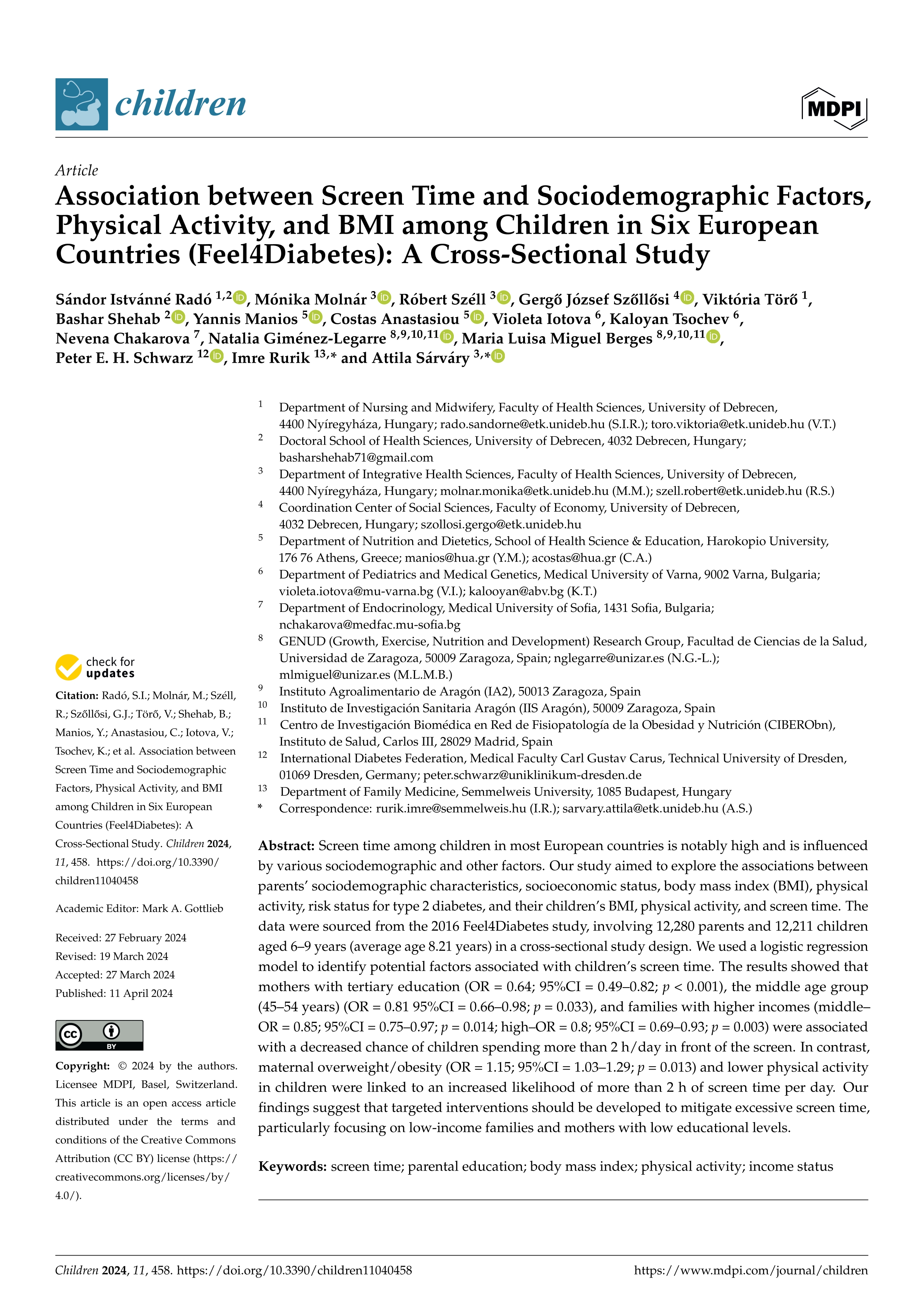 Association between Screen Time and Sociodemographic Factors, Physical Activity, and BMI among Children in Six European Countries (Feel4Diabetes): A Cross-Sectional Study