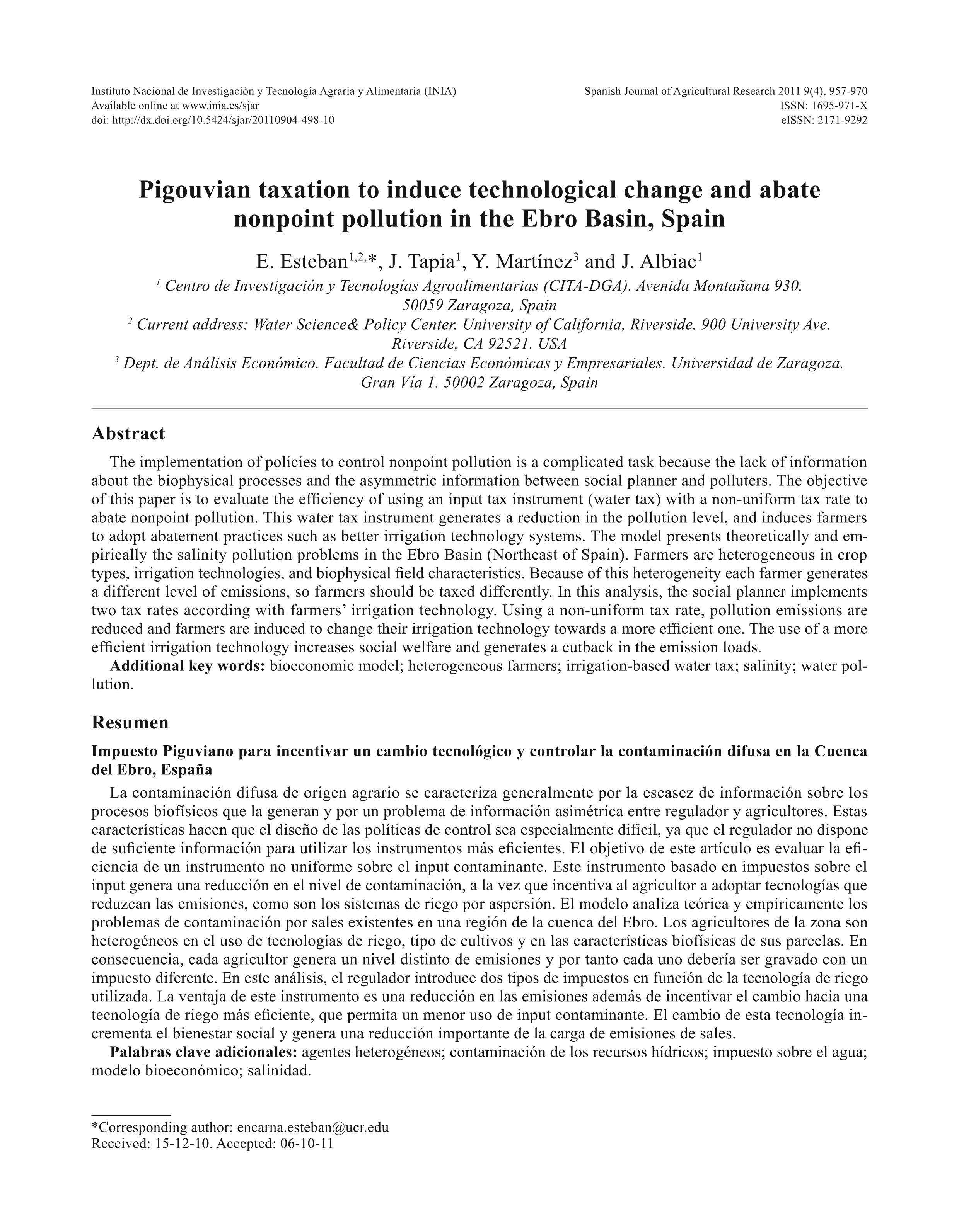 Pigouvian taxation to induce technological change and abate nonpoint pollution in the Ebro Basin, Spain