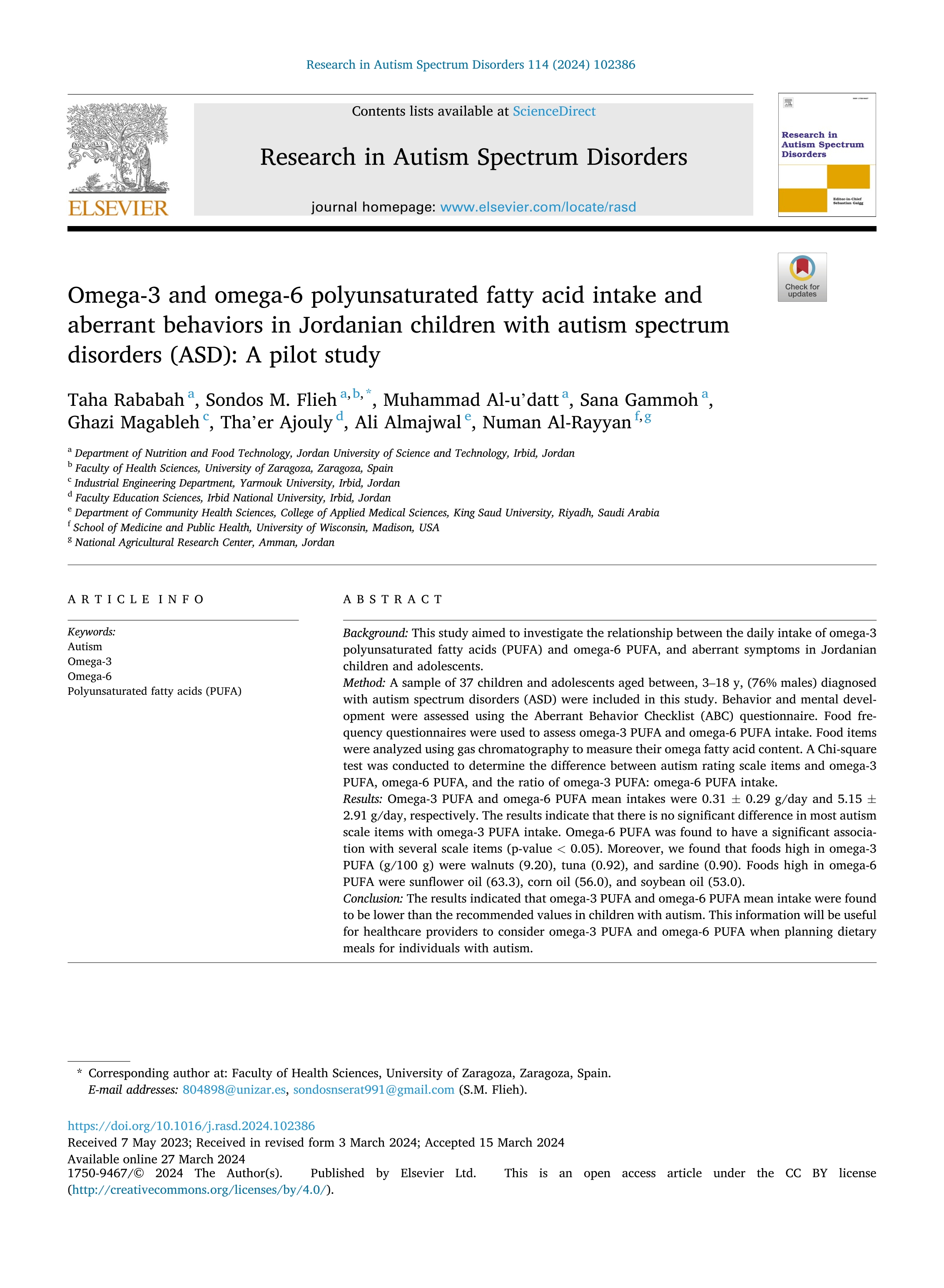 Omega-3 and omega-6 polyunsaturated fatty acid intake and aberrant behaviors in Jordanian children with autism spectrum disorders (ASD): A pilot study