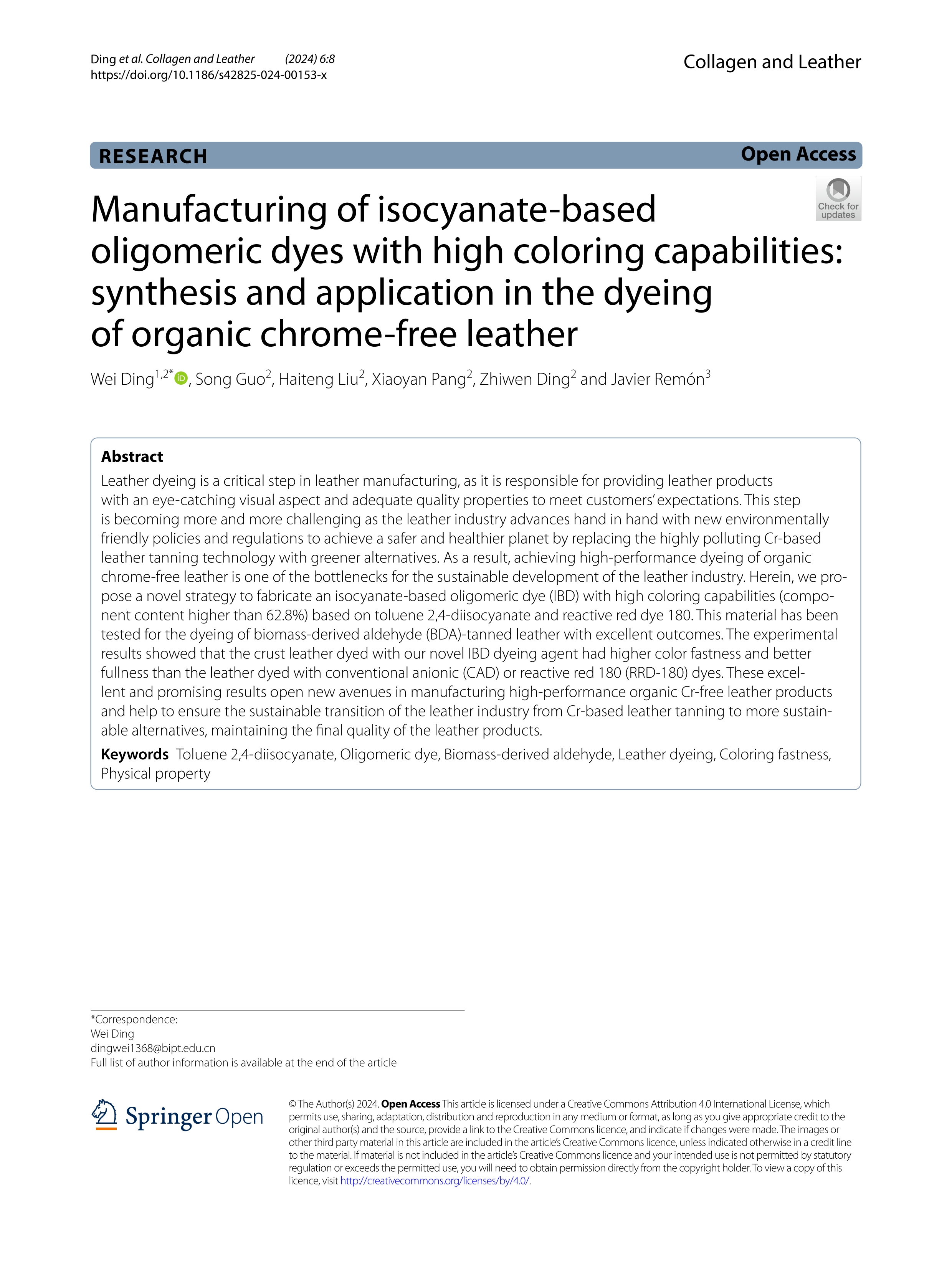 Manufacturing of isocyanate-based oligomeric dyes with high coloring capabilities: synthesis and application in the dyeing of organic chrome-free leather