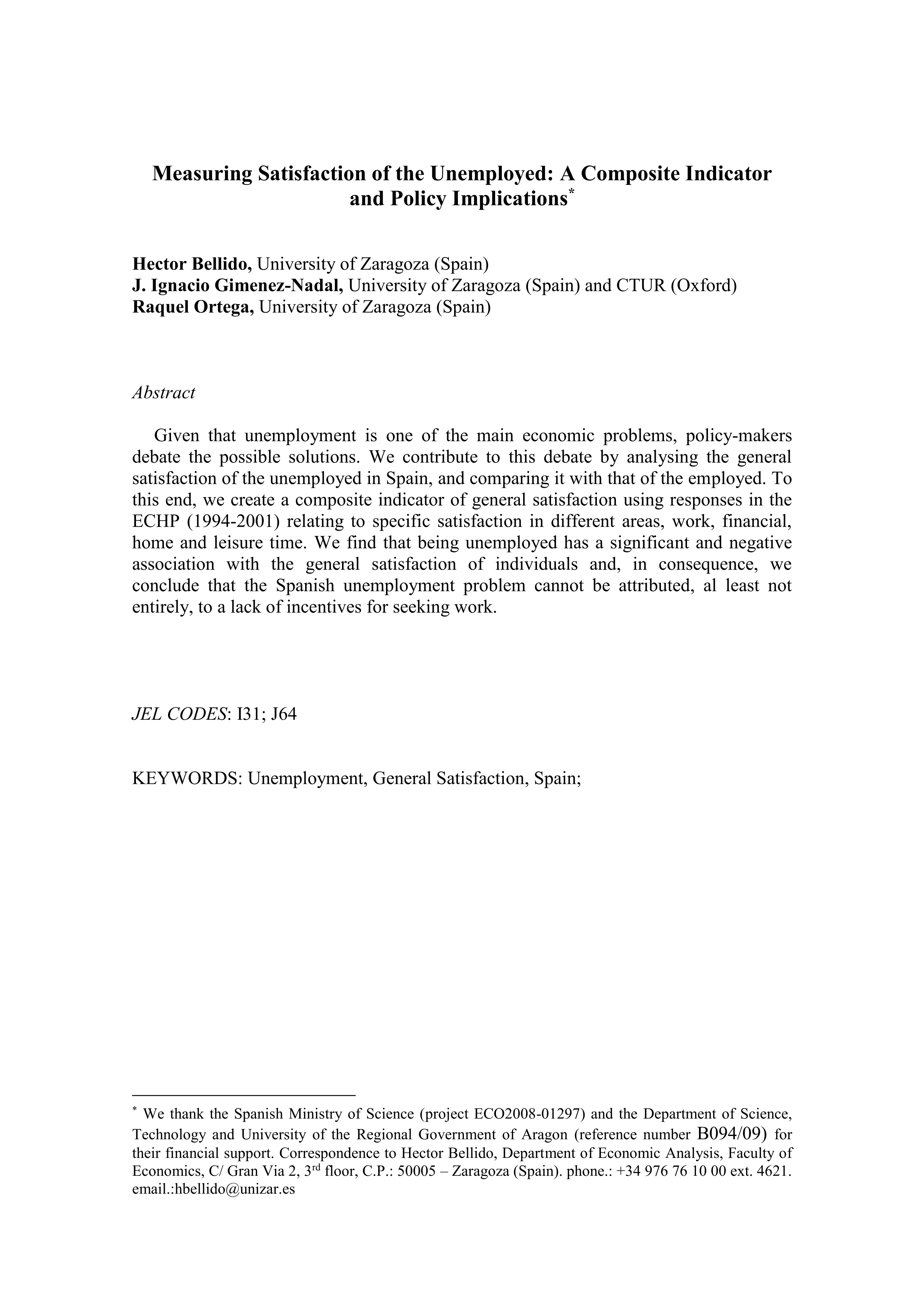 Measuring satisfaction of the unemployed: A composite indicator and policy implications