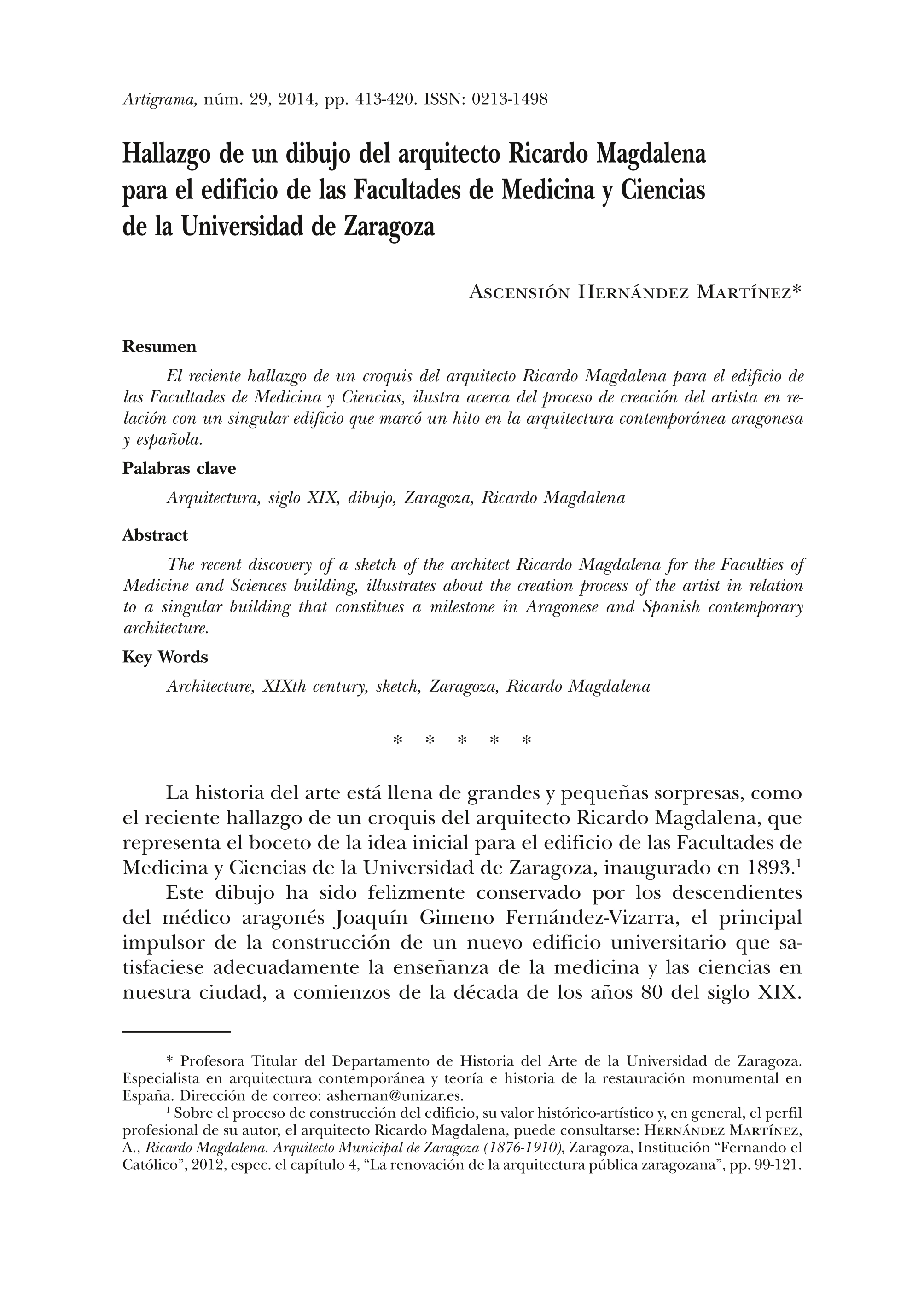 Hallazgo de un dibujo del arquitecto Ricardo Magdalena para el edificio de las Facultades de Medicina y Ciencias de la Universidad de Zaragoza