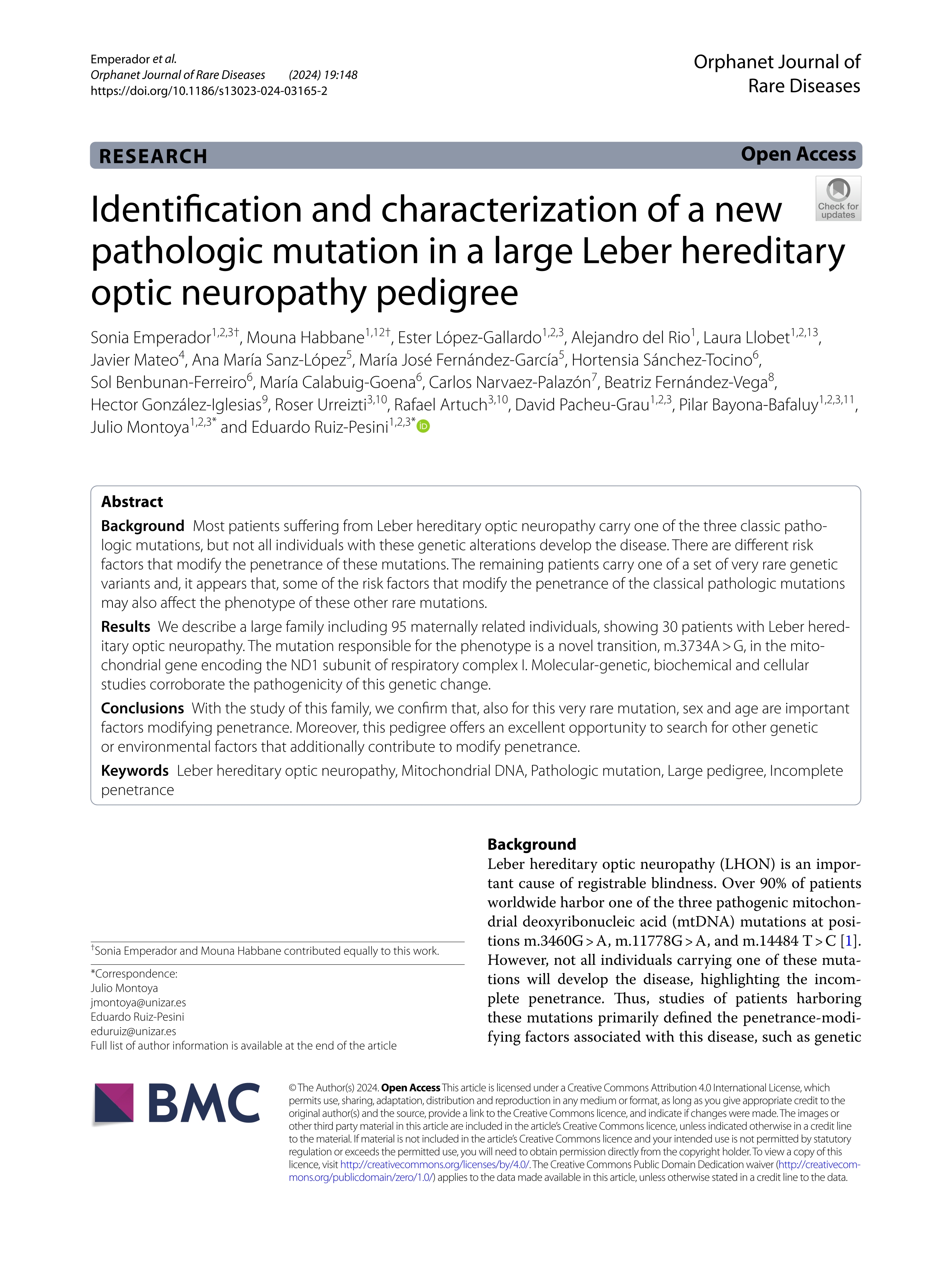 Identification and characterization of a new pathologic mutation in a large Leber hereditary optic neuropathy pedigree
