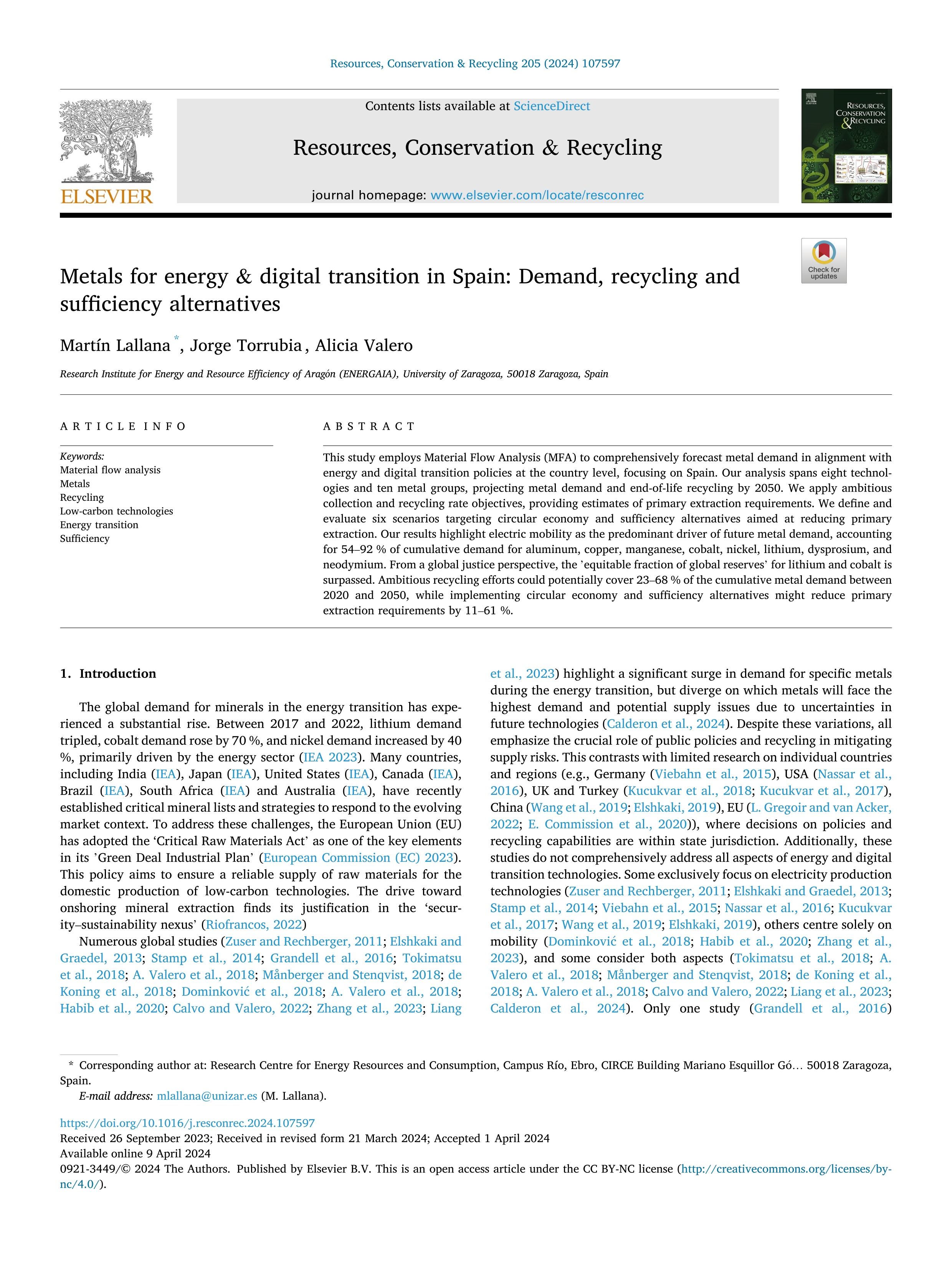 Metals for energy & digital transition in Spain: Demand, recycling and sufficiency alternatives