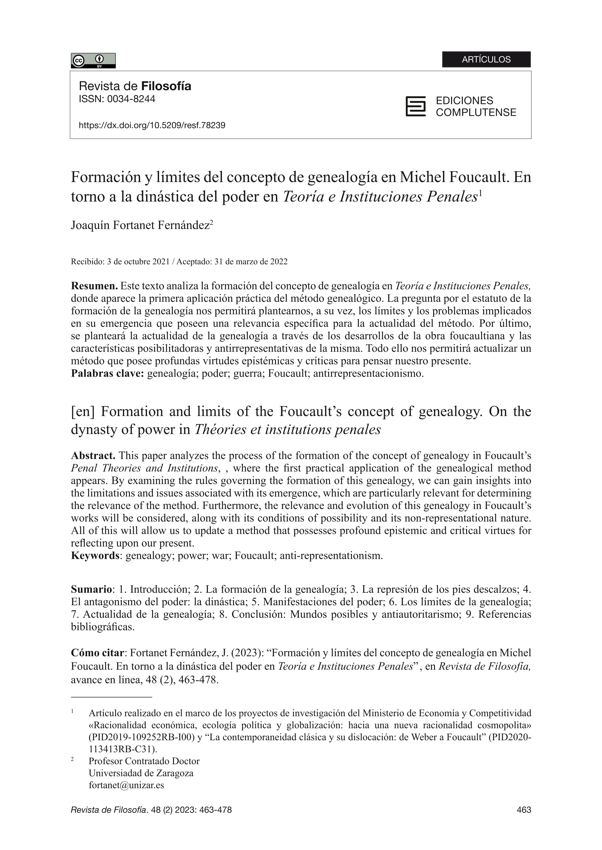 Formación y límites del concepto de genealogía en Michel Foucault. En torno a la dinástica del poder en Teoría e Instituciones Penales
