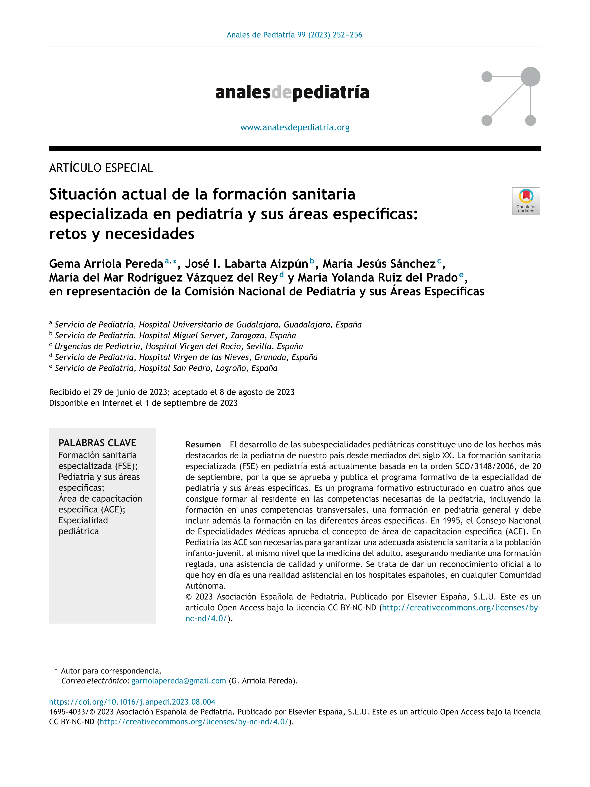 Situación actual de la formación sanitaria especializada en pediatría y sus áreas específicas: retos y necesidades