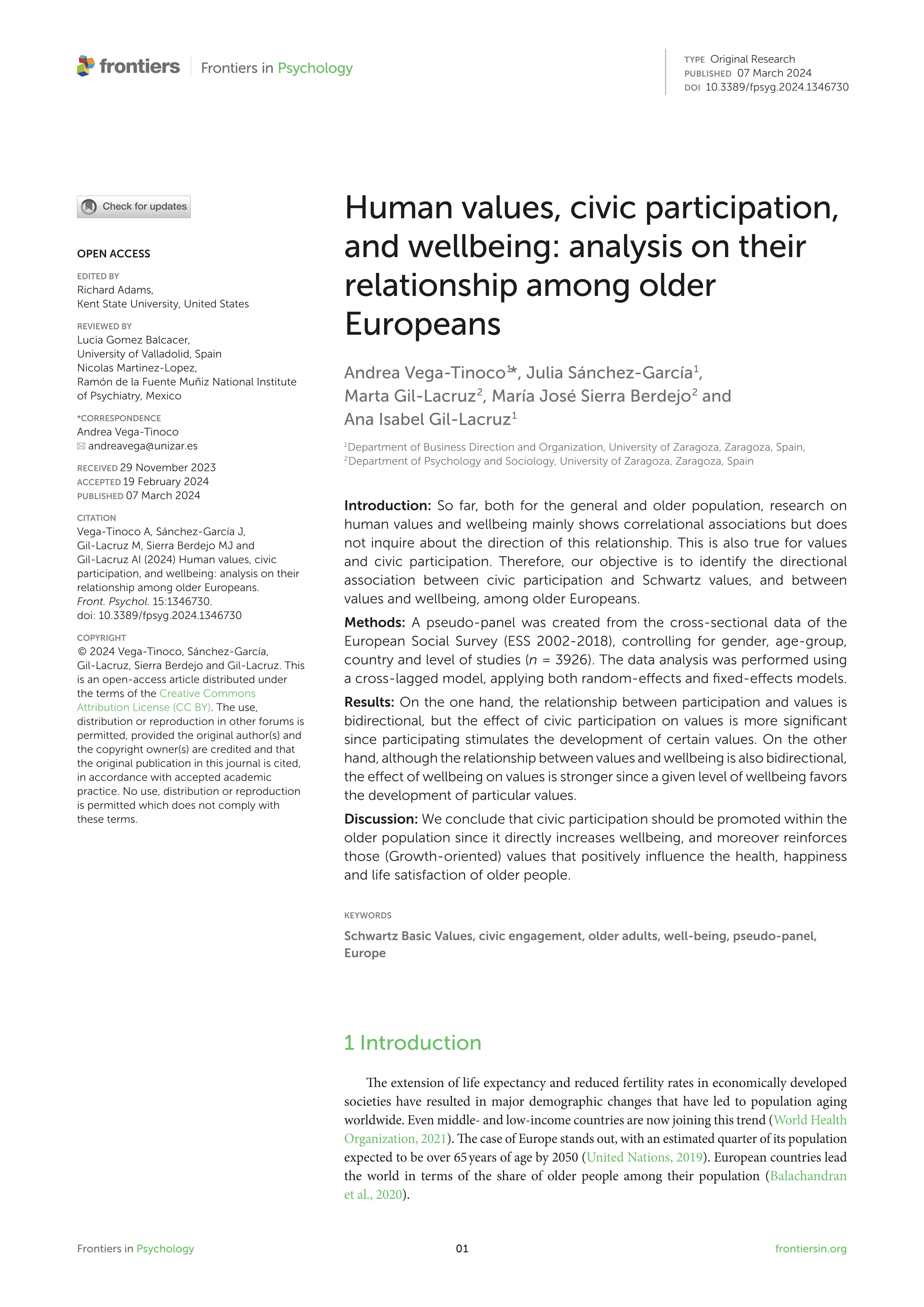 Human values, civic participation, and wellbeing: analysis on their relationship among older Europeans