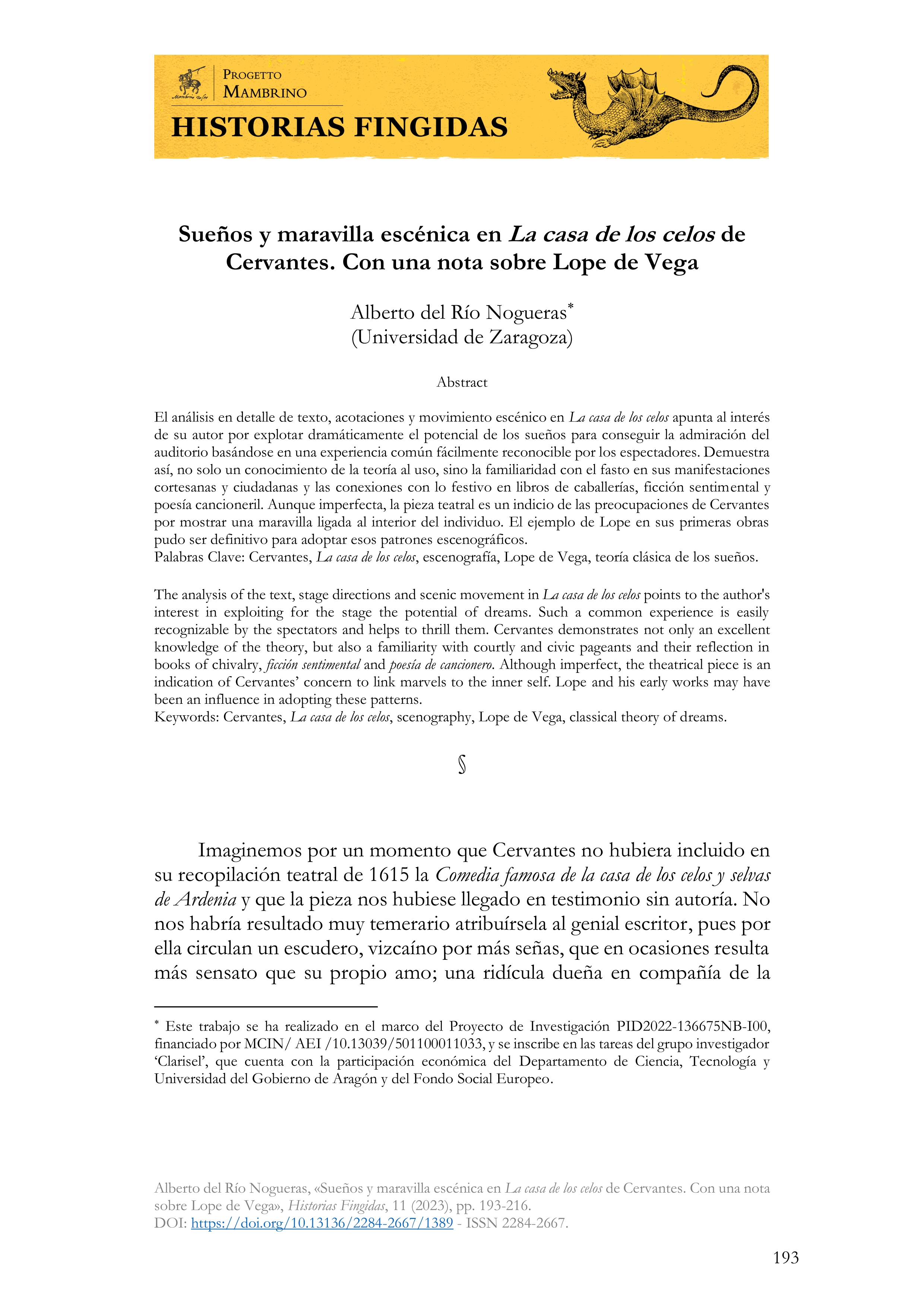 Sueños y maravilla escénica en La casa de los celos de Cervantes. Con una nota sobre Lope de Vega