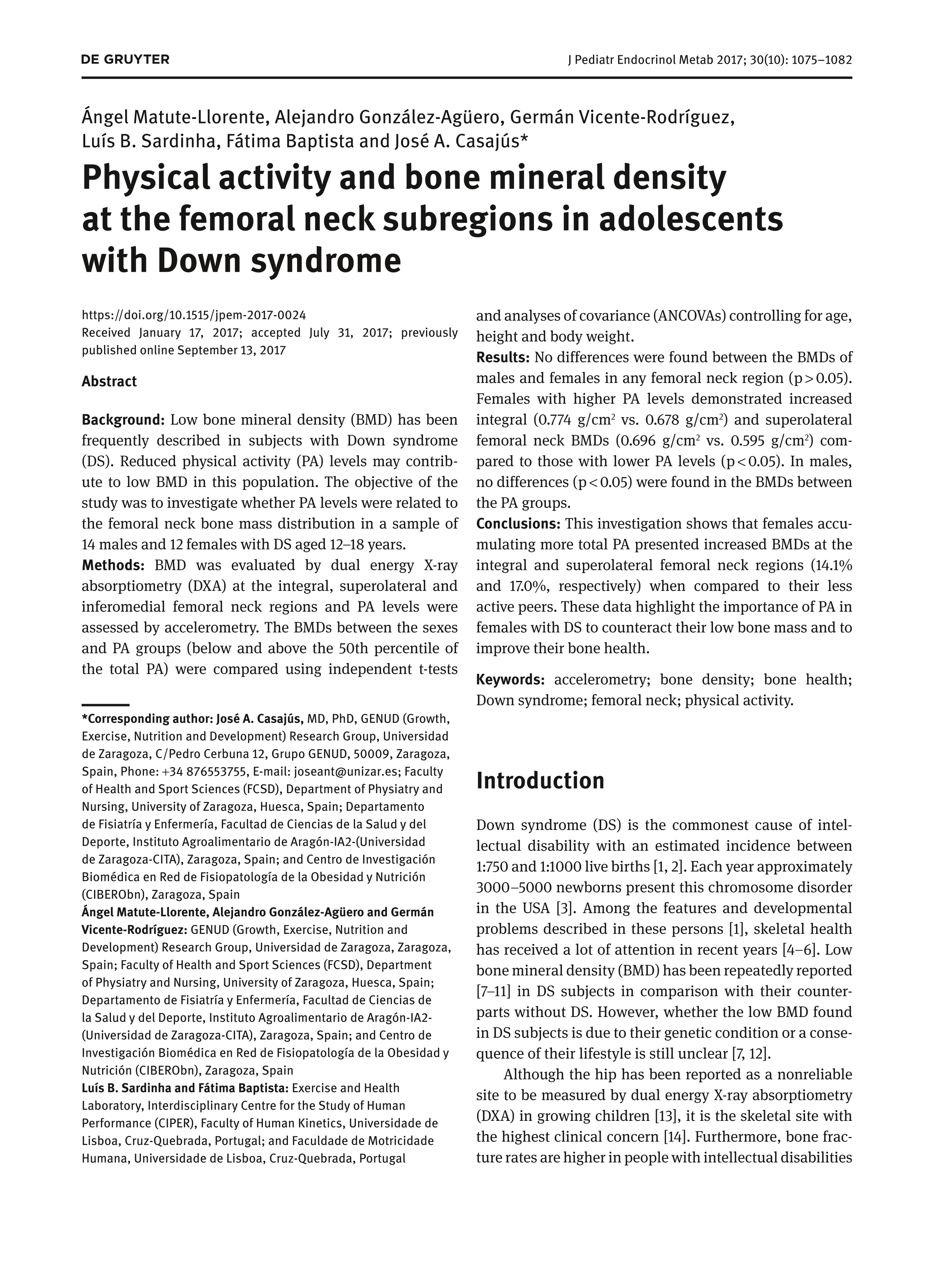 Physical activity and bone mineral density at the femoral neck subregions in adolescents with Down syndrome