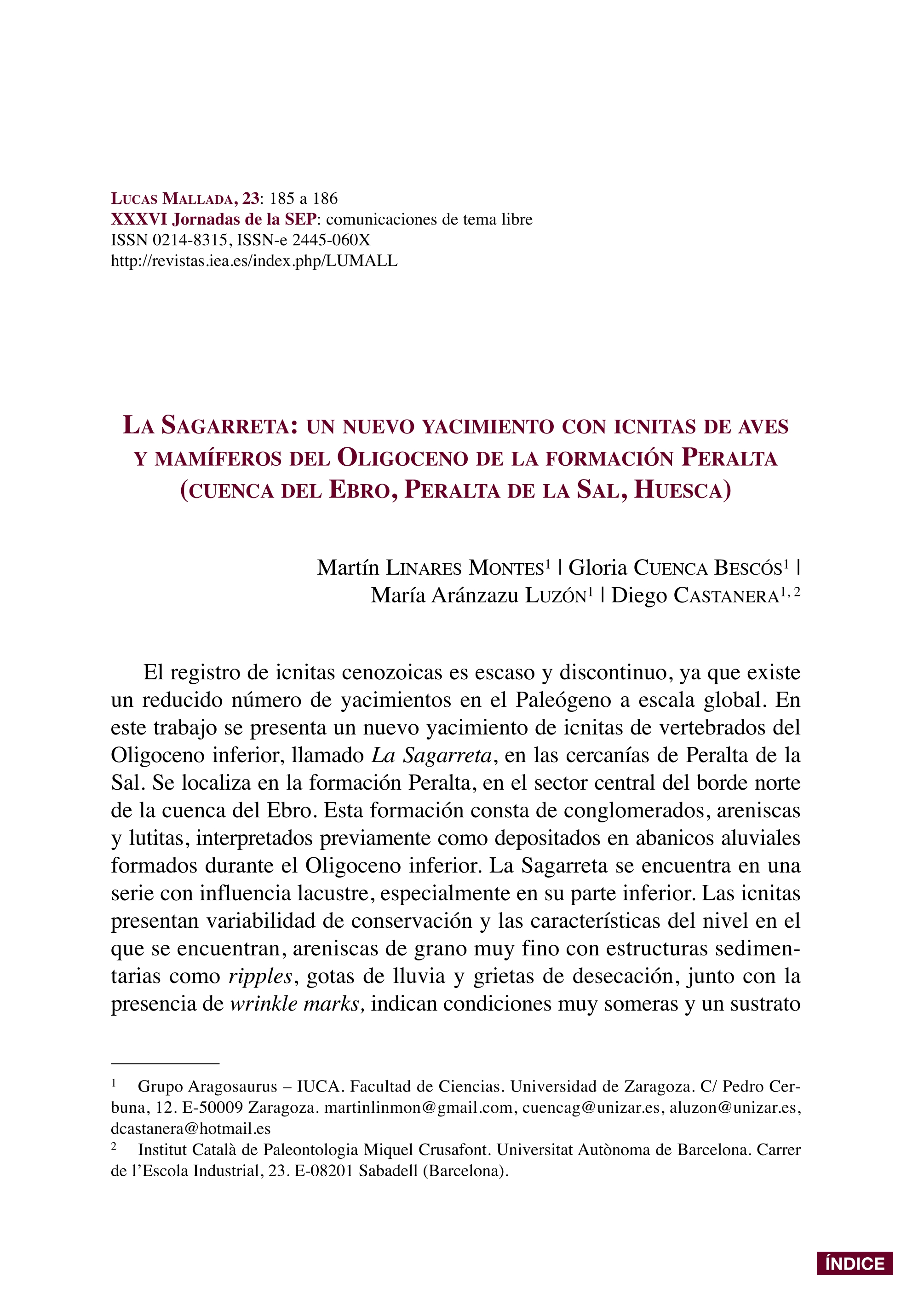 La Sagarreta: un nuevo yacimiento con icnitas de aves y mamíferos del Oligoceno de la formación Peralta (Cuenca del ebro, Peralta de la Sal, Huesca)