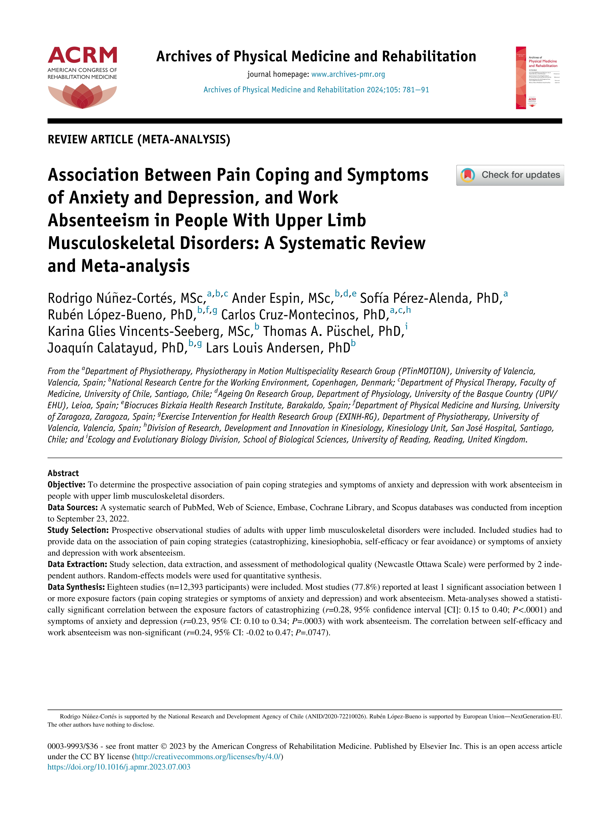 Association Between Pain Coping and Symptoms of Anxiety and Depression, and work absenteeism in people with upper limb musculoskeletal disorders: a systematic review and meta-analysis