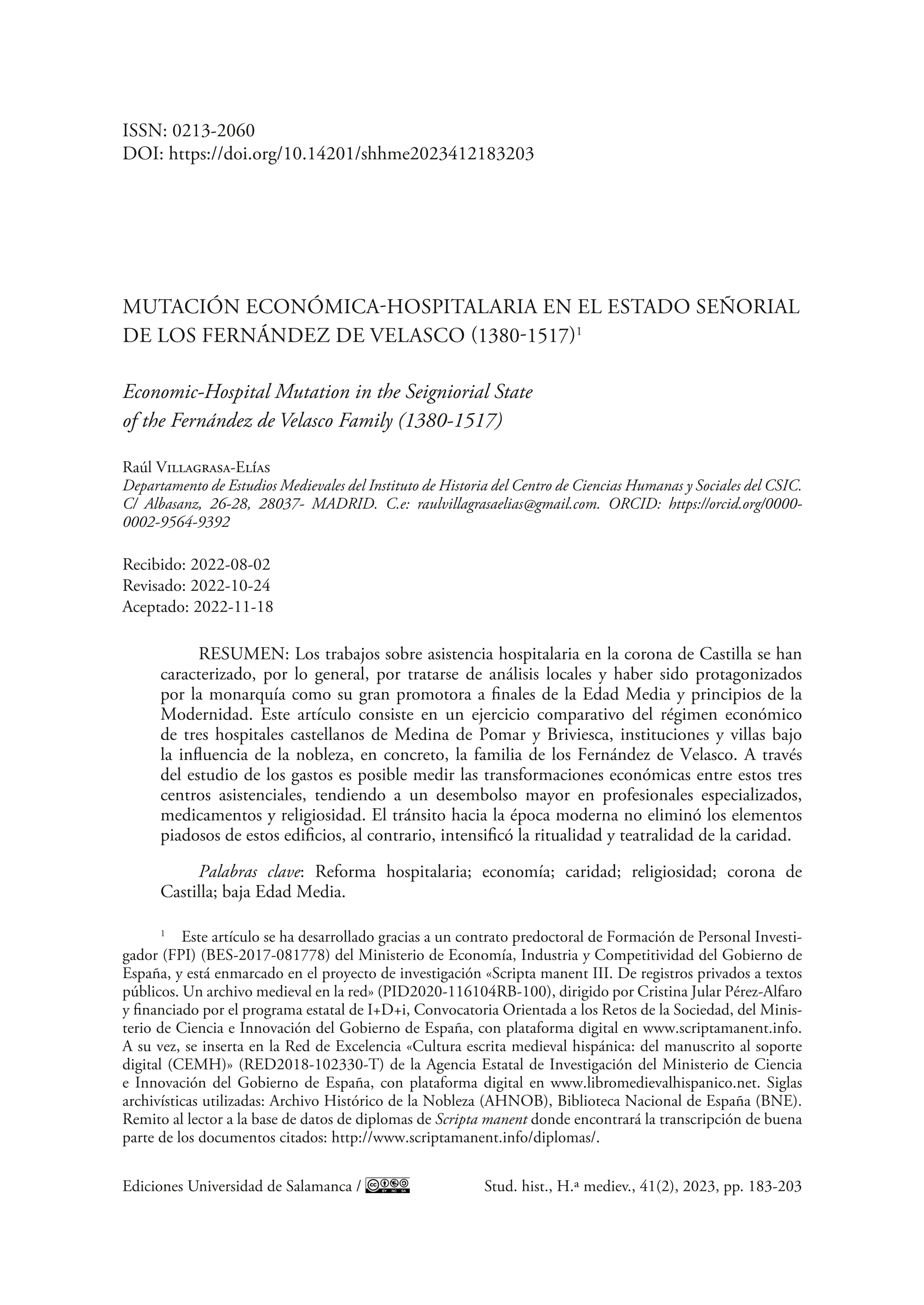 Mutación económica-hospitalaria en el Estado señorial de los Fernández de Velasco (1380-1517)