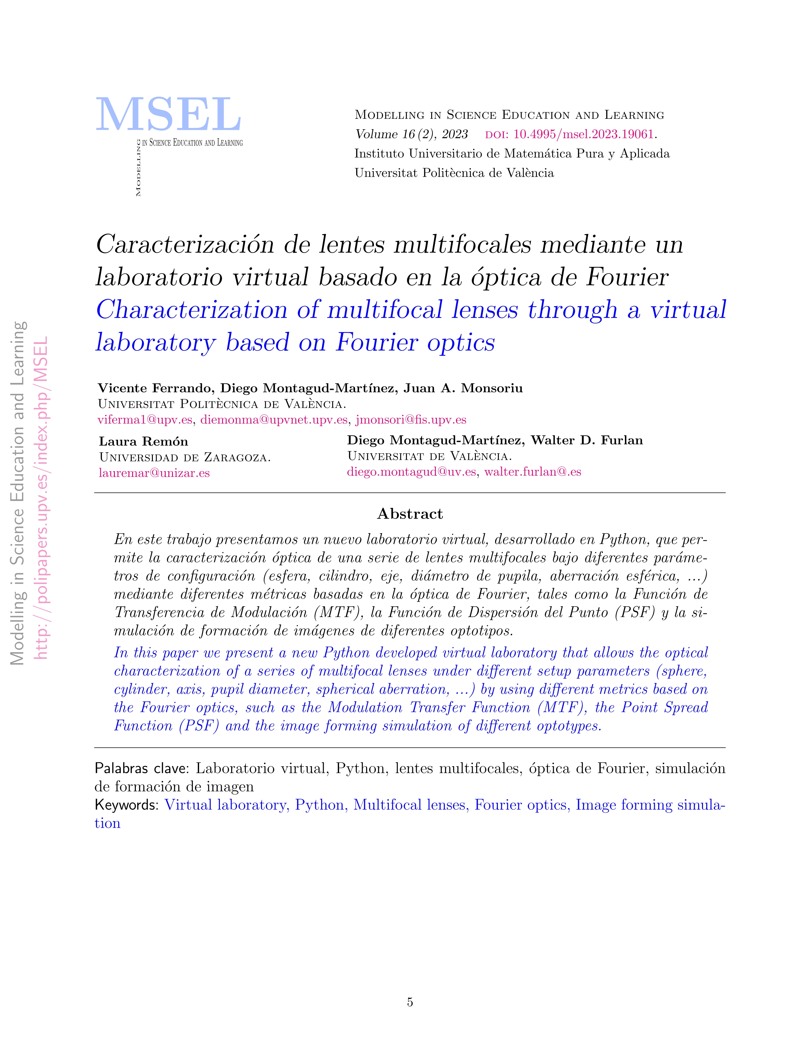 Caracterización de lentes multifocales mediante un laboratorio virtual basado en la óptica de Fourier