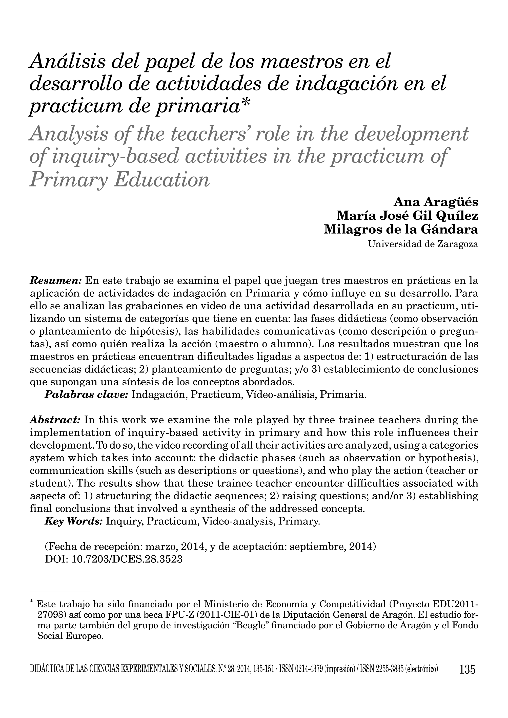 Análisis del papel de los maestros en el desarrollo de actividades de indagación en el practicum de primaria
